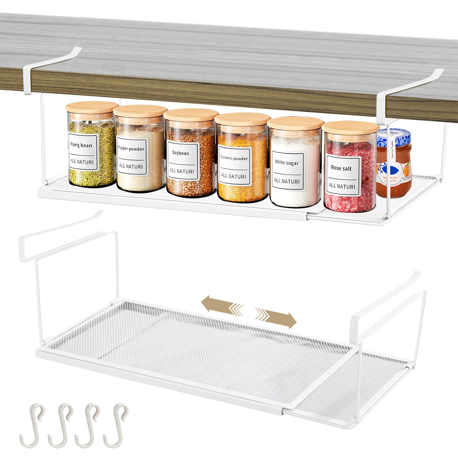 Ausziehbarer Unterregal-Hängekorb aus Metall, bohrfreier Küchenorganizer für Schränke, platzsparende Aufbewahrung für Speisekammer, Kleiderschrank & Schuhbank, ideal für Teller und Gewürze (Weiß) Küche, Haushalt & Wohnen