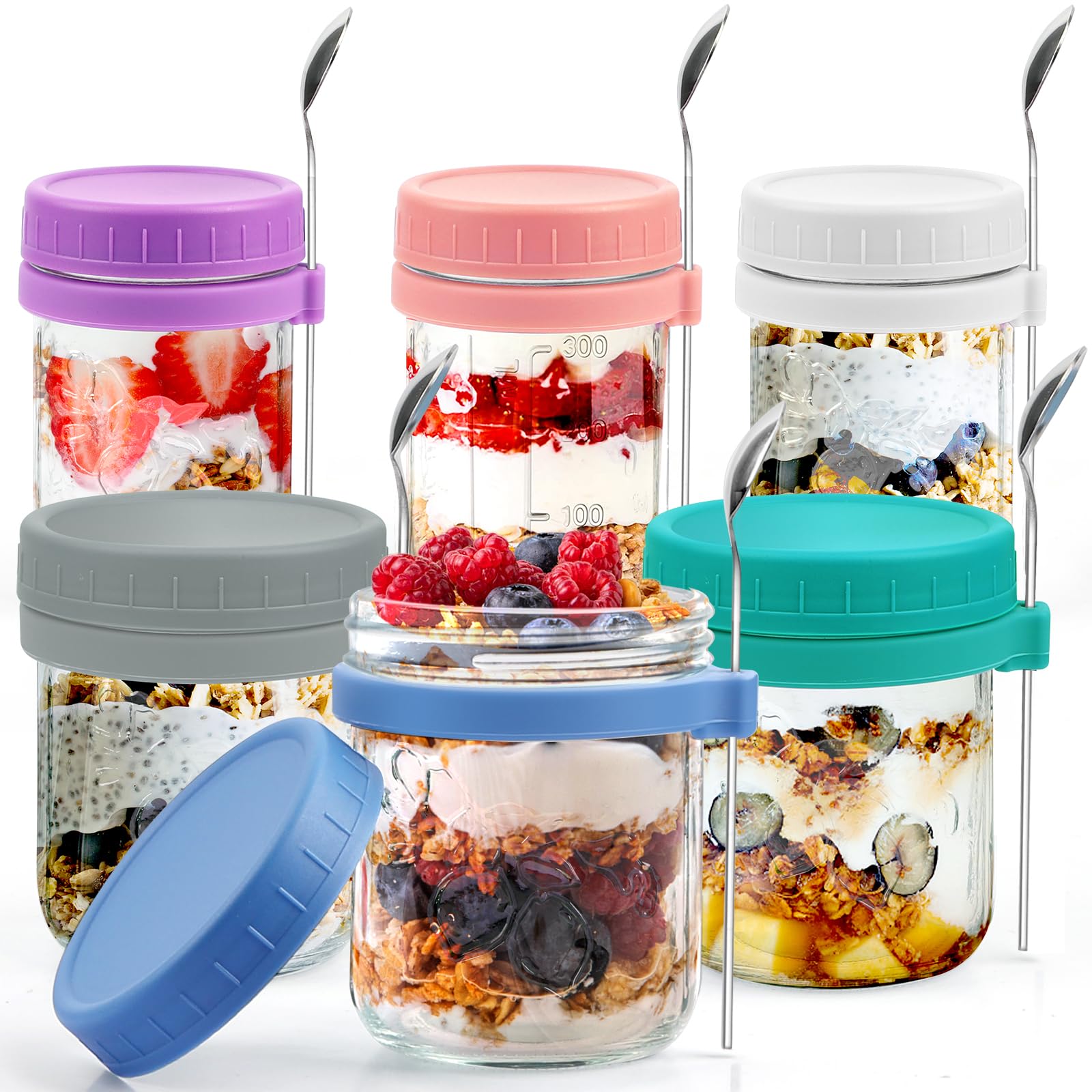 Overnight Oats Containers with Lid and Spoon, 16 oz & 10 oz Glass Mason Overnight Oats Jars, 3 Large & 3 Small Family Sharing, Airtight Jars for Salad, Cereal, Fruit (6 Pack)
