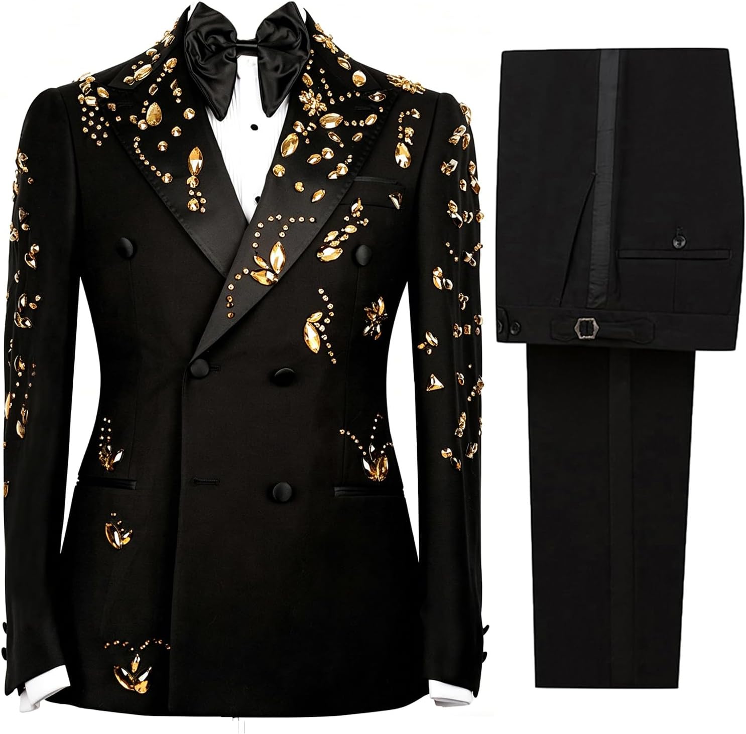 Luxury Men's 2 Piece Suit Slim Fit Double Breasted Beads Crystal Party Wedding Tuxedo Suits Blazer Jacket Pants Set