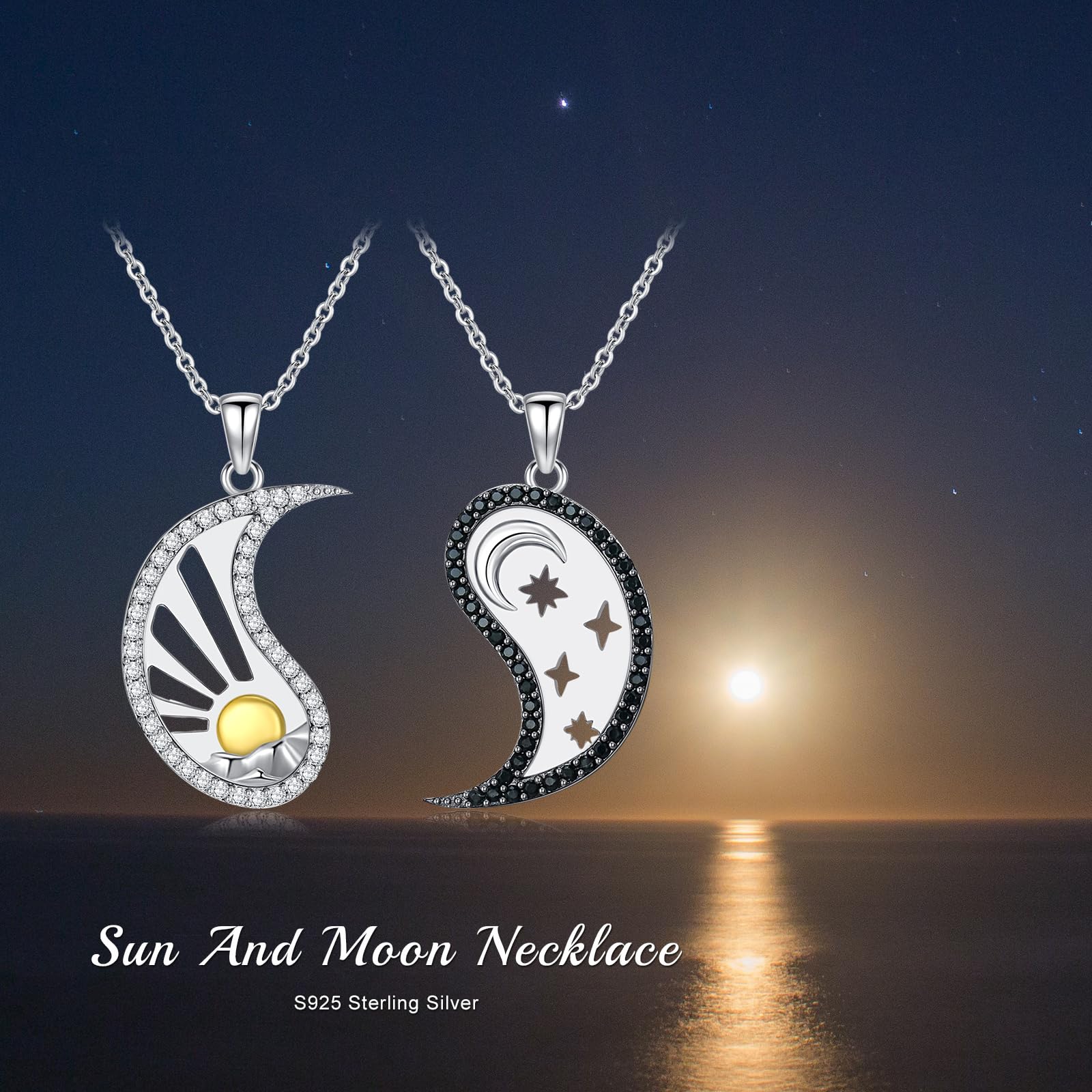 Yin Yang Paar Halsketten 925 Sterling Silber Sonne Mond Anhänger Halsketten für Damen Yin Yang Schmuck Geschenke für 2