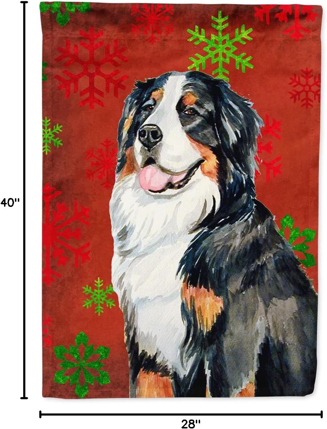 Caroline's Treasures LH9334CHF Bernese Mountain Dog Red Green Snowflakes Holiday Christmas House Flag Large Porch Sleeve Pole Decorative Outside Yard Banner Artwork Wall Hanging, Polyester, House Siz