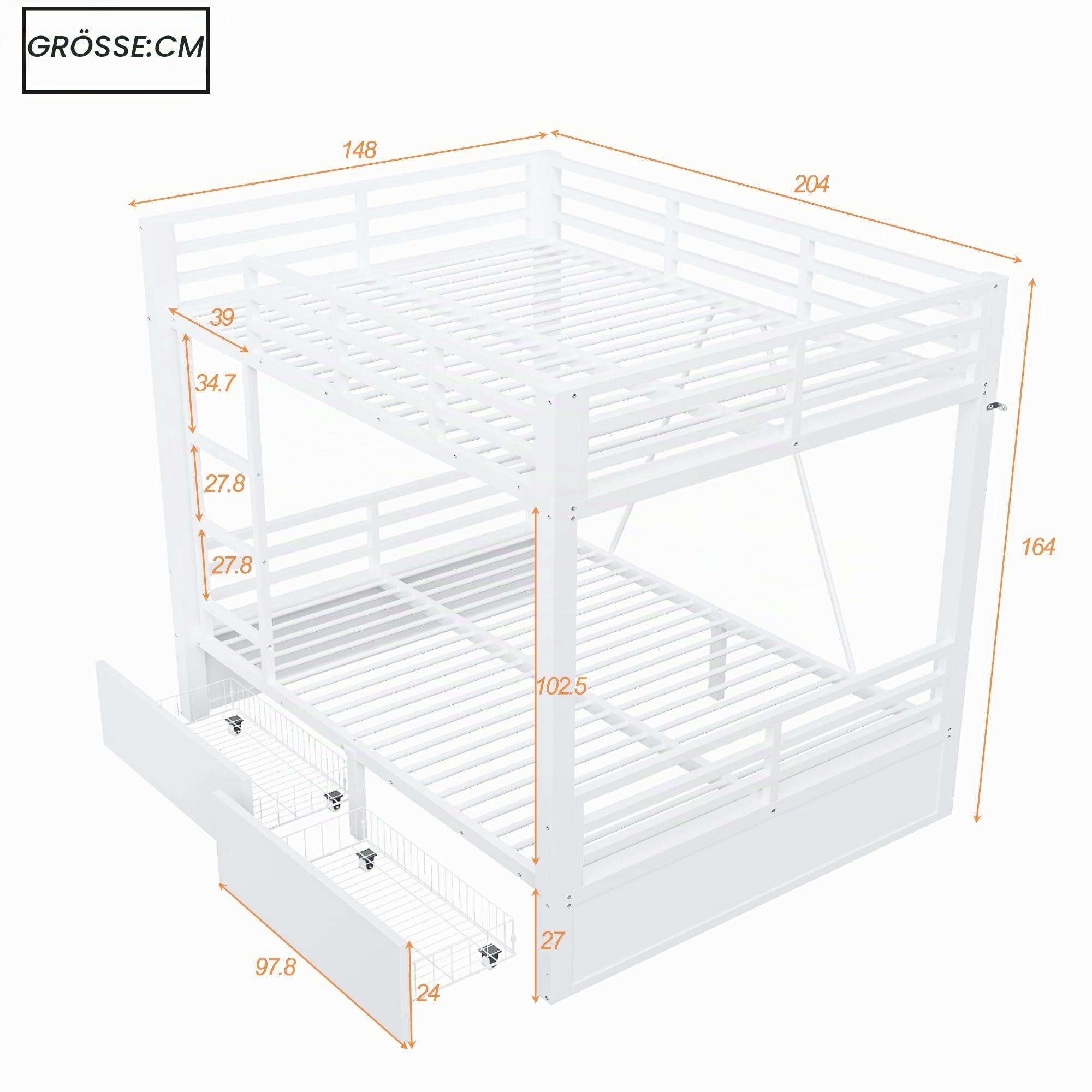 Merax Metall-Etagenbett 140x200 cm mit Schubladen, Sicherheitsgeländer & Leiter – platzsparendes Kinderbett, Weiß (Ohne Matratze)