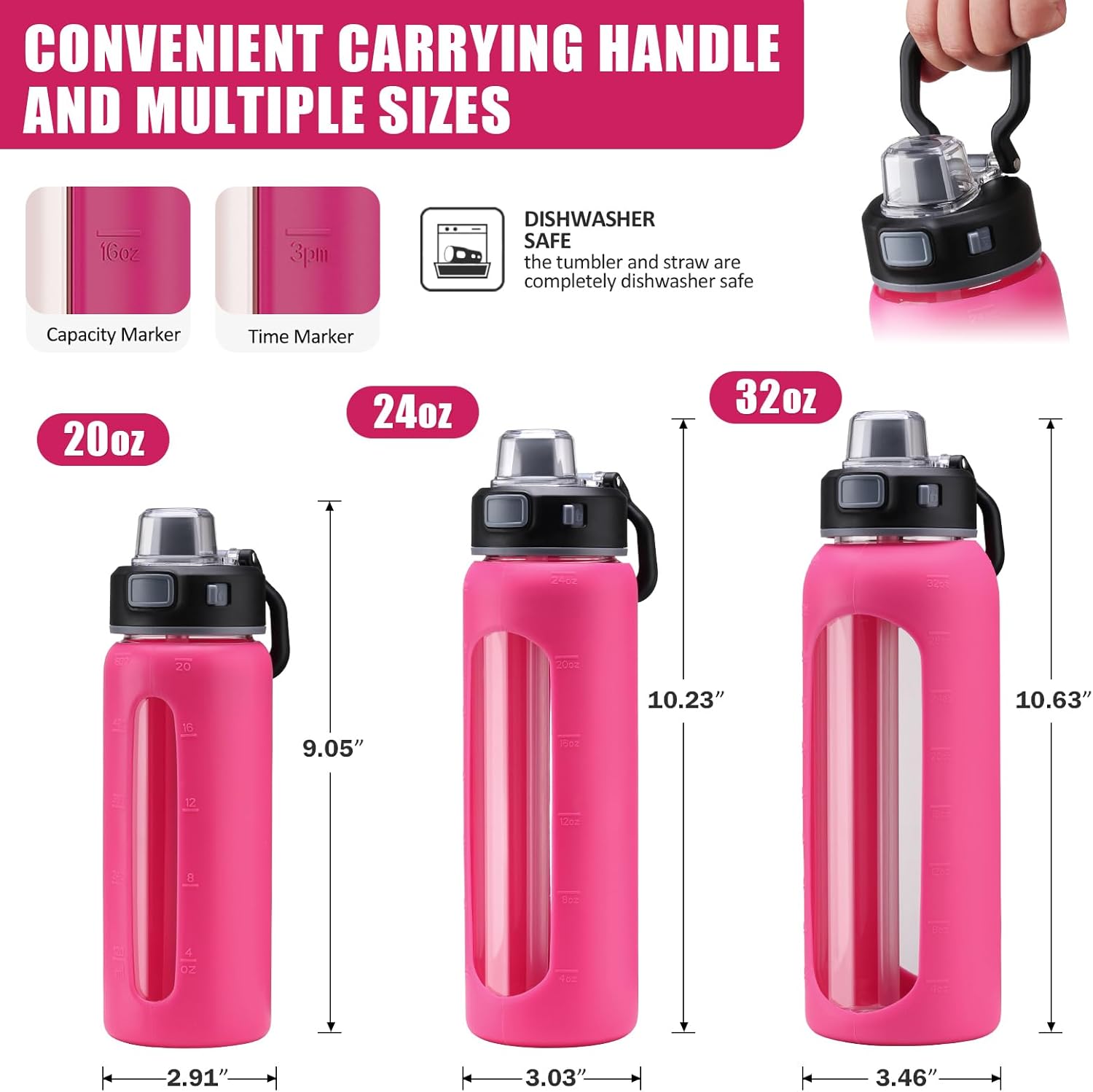 Kodrine 24oz Glass Water Bottle With Straw-2 lids-Reusable Daily Water Intake Glass Bottle with Measurements,Silicone Sleeve, Time Marker, Cupholder Friendly for Home,Gym,Sports-Rose Red - Image 3