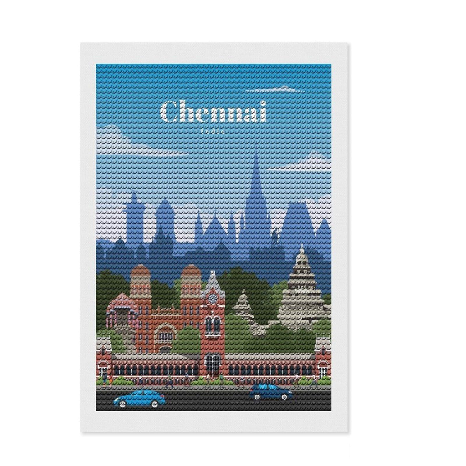 Junmoney Travel to Chennai Diamond Painting Kit 8"x12", with Tool Kit, Finish and Display, Vintage Style Decor, Thoughtful Handmade Gift