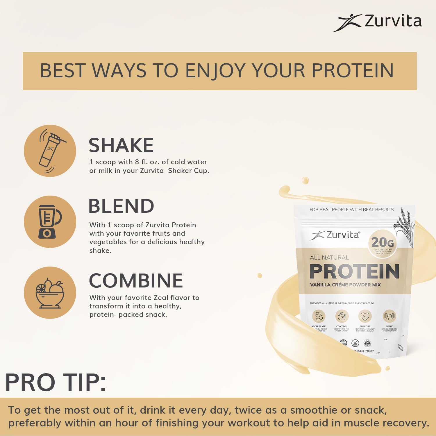 Zurvita - Vanilla Crème Protein Powder- Protein, Probiotics, No Artificial Sweeteners, 24+ Vitamins & Minerals, 140 Cal/Scoop - 26oz (20 Servings)