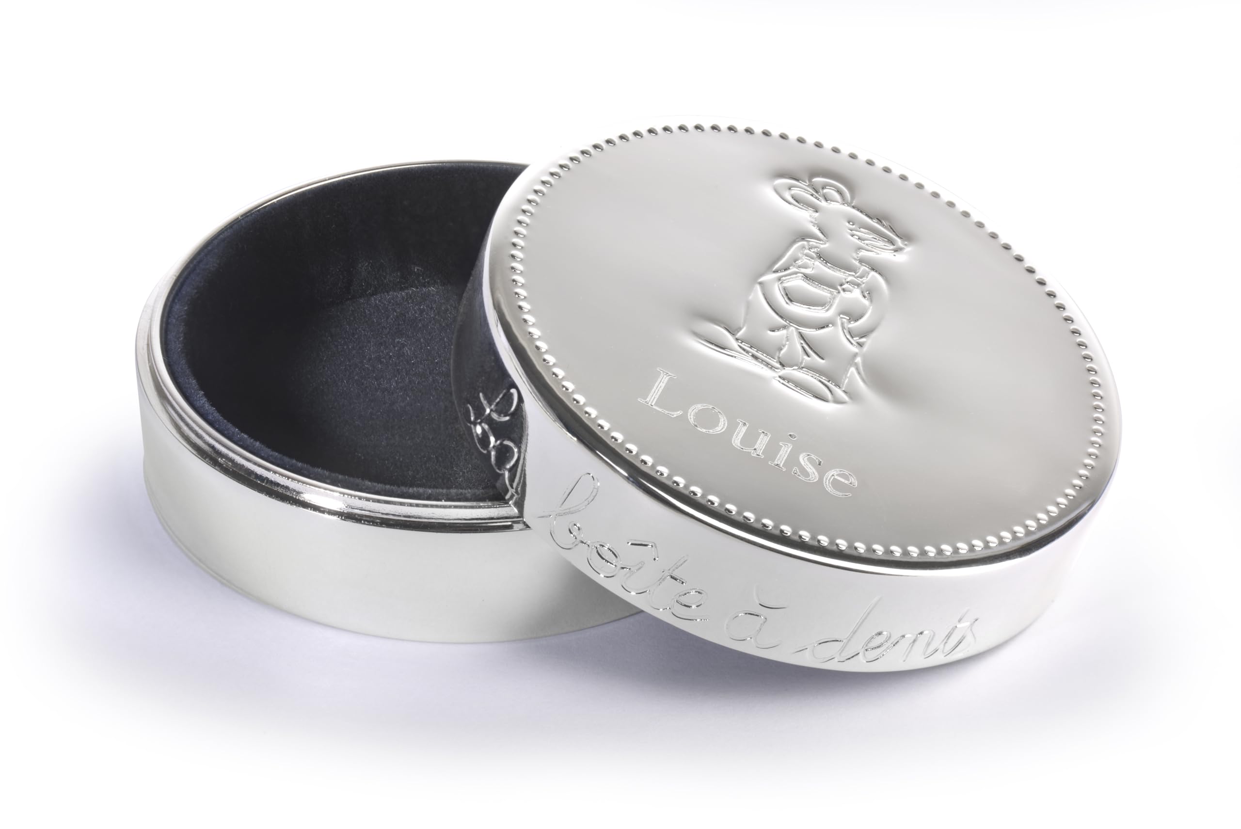 Boîte à Dents de Lait en Métal Argenté, Personnalisable avec Prénom, 6 cm x 2,5 cm, Motif Petite Souris