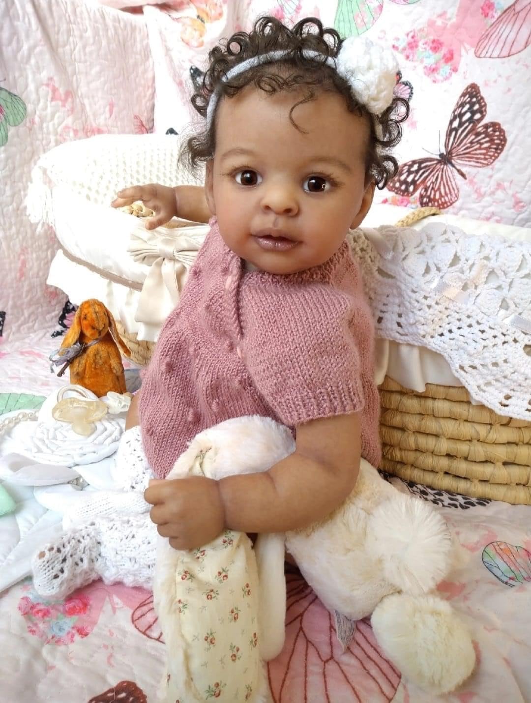 Pinky Reborn Baby Dolls Black 23 Inch African American Realistic Newborn Real Life Baby Dolls with Clothes and Toy Gift for Kids Age 3+