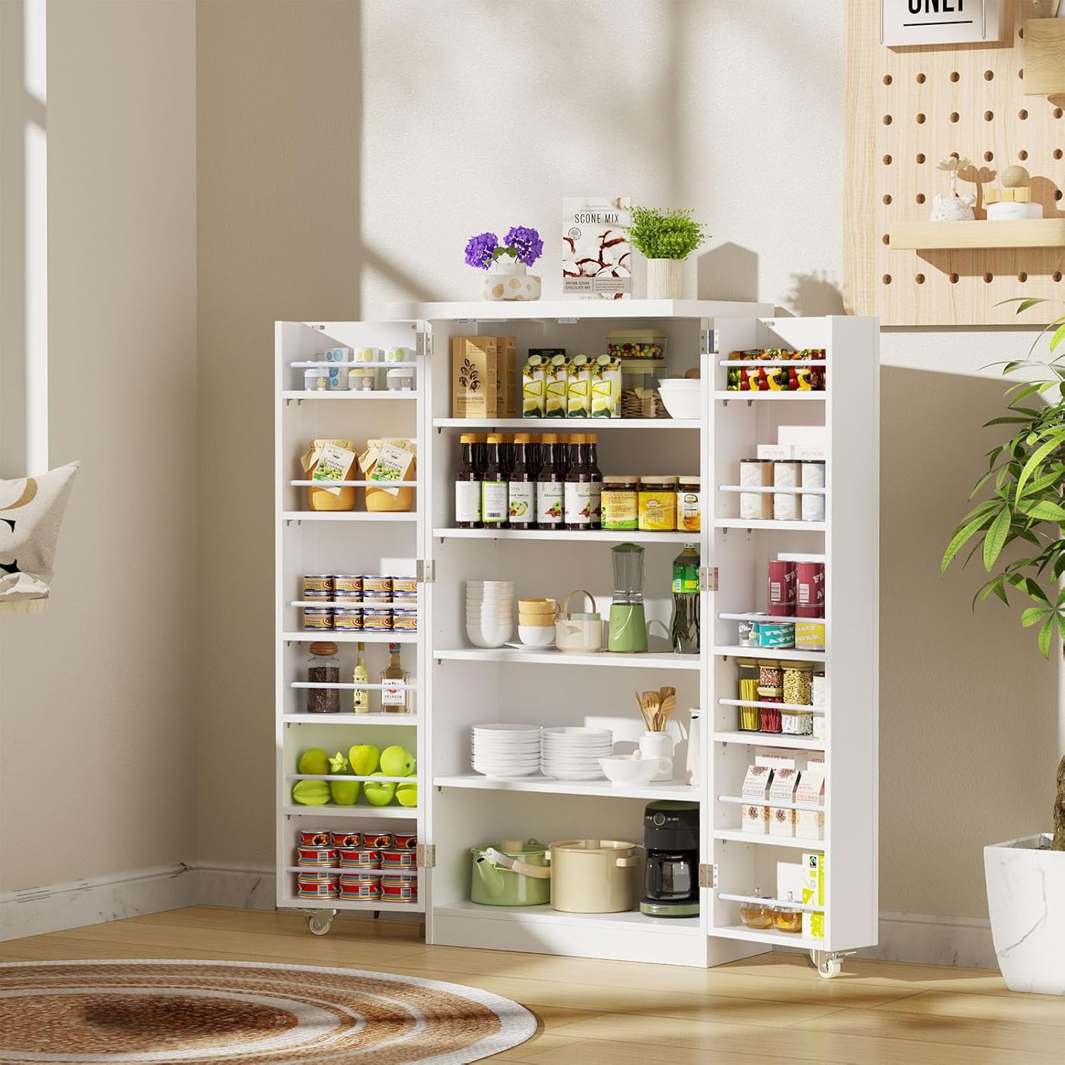 ROOMTEC 47” Kitchen Pantry Cabinet, White Freestanding Buffet Cupboards Sideboard with Doors & Adjustable Shelves, Kitchen Pantry Storage Cabinet for Kitchen, Living Room and Dinning Room