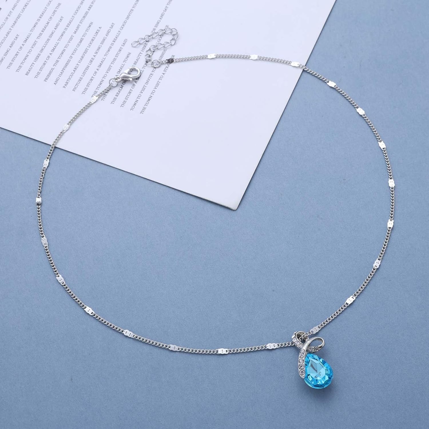 Boho Sapphire Crystal Teardrop Necklace Choker Wedding Blue Gemstone Rhinestone Pendant Necklace Minimalist CZ Waterdrop Infinity Thin Chain Necklaces Jewelry for Women - Image 4