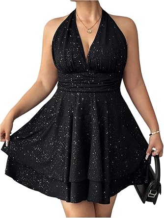 BEAUDRM Womens Plus Size Sparkly Halter Dress Shiny Layered Open Back Party Club Short Dresses