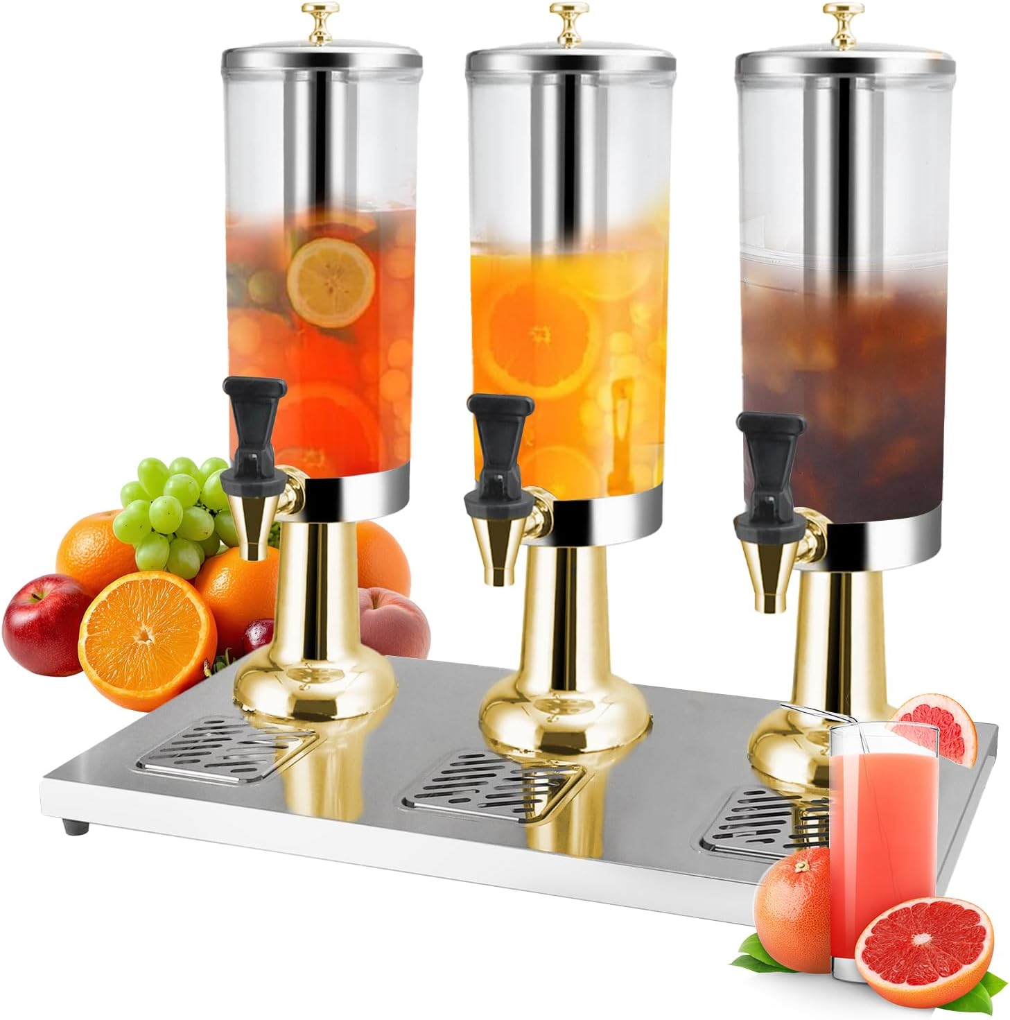 1 Gallon Commercial Beverage Dispenser with Centre Ice Core and Stand Drip Trays Stainless Steel Cold Drink Dispenser for Parties Pub Cafeteria Restaurant Home Hotel (gold, three head)