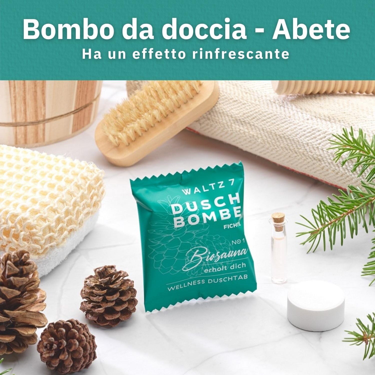 WALTZ 7 Set di Bombe da Doccia all’Abete Rosso, Bombe da Bagno con Olio Essenziale di Pino per il Benessere e il Relax, Vegane per Aromaterapia, Effetto Calmante e Rigenerante, Confezione da 6