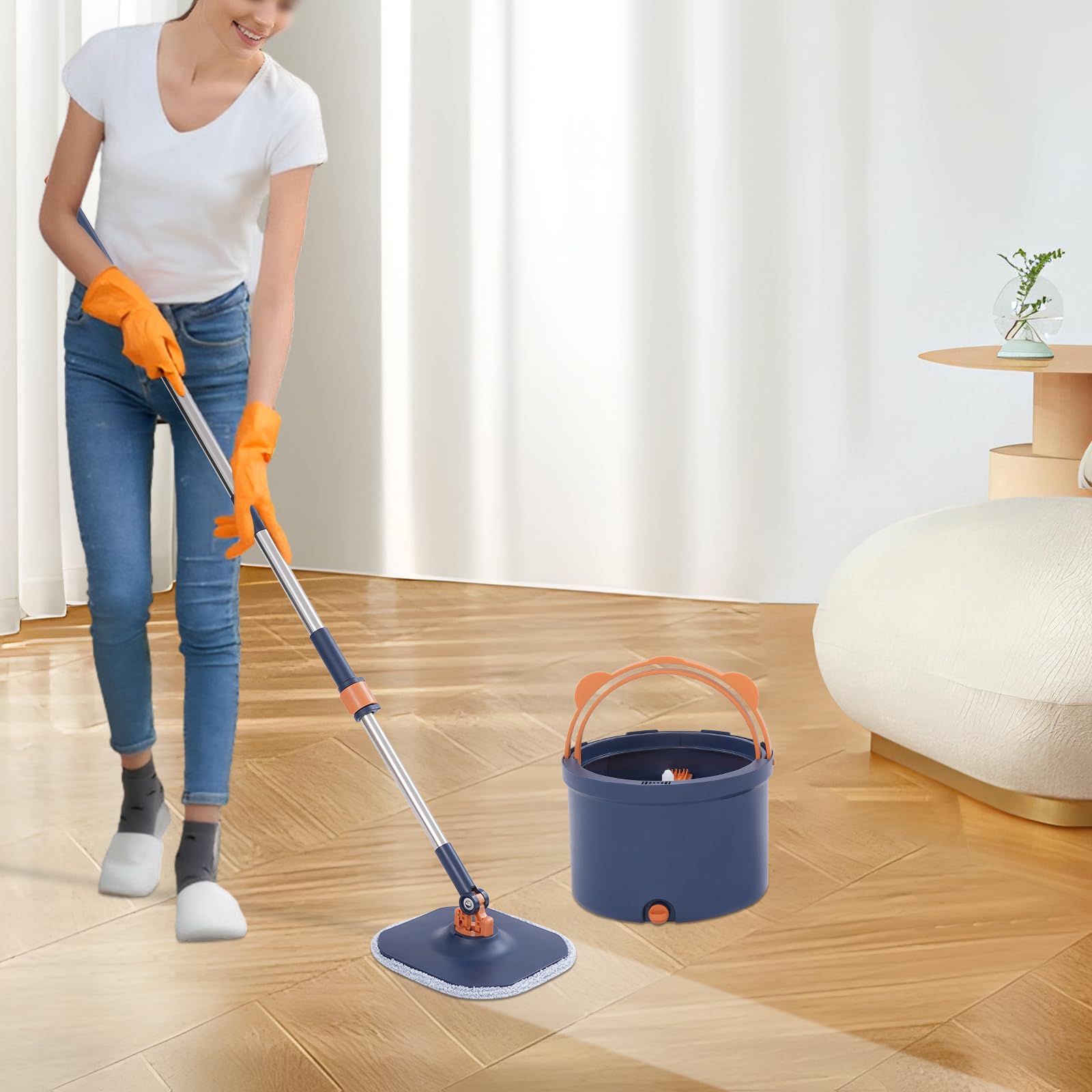 Juego de fregona con cubo, mopas húmedas y secas para el hogar, fregona giratoria 360°, sistema de 2 cámaras, sistema de autoseparación de suciedad y agua limpia, minas de repuesto triangulares