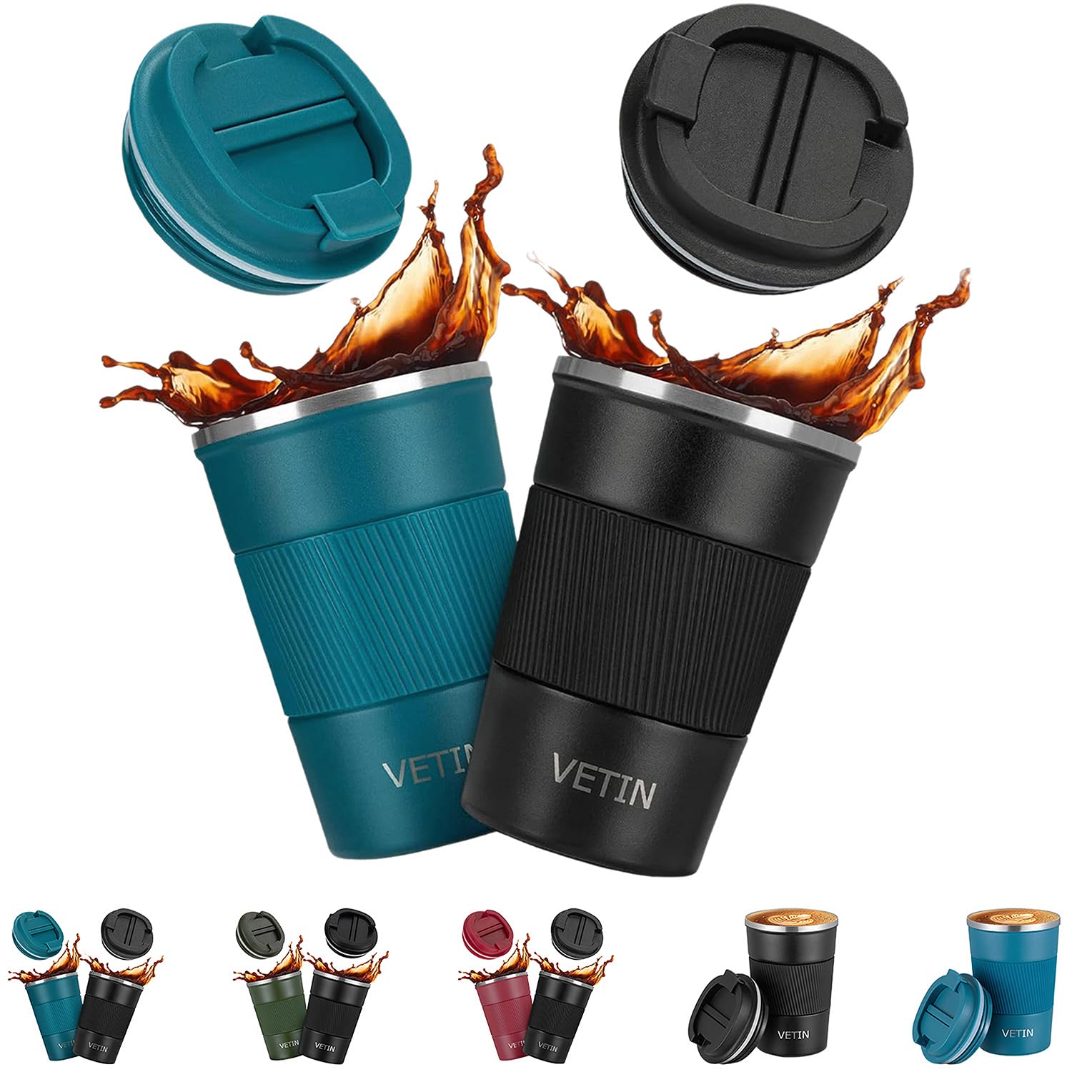 VETIN 2 Stück Kaffeebecher To Go Thermo 380 ml, 304 Edelstahl Thermobecher
