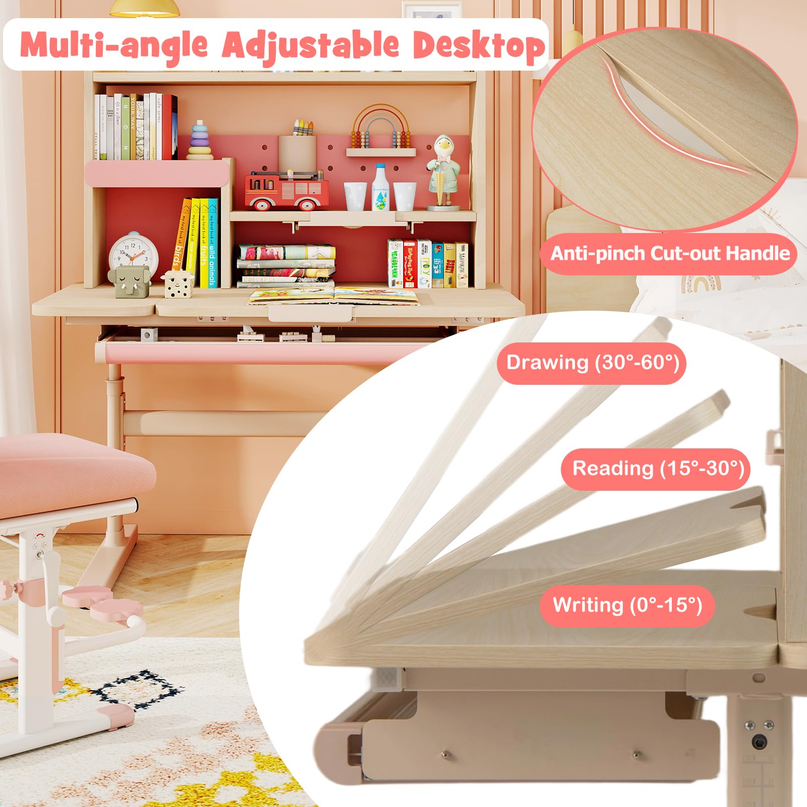 LIFEZEAL Scrivania Bambini 3-12 Anni, Banco Scuola, 100x60cm, Ergonomico, Altezza Regolabile, Piano Inclinabile, con Libreria, Leggio per Libri, Cassetto, Tavolino da Studio, per Cameretta (rosa)