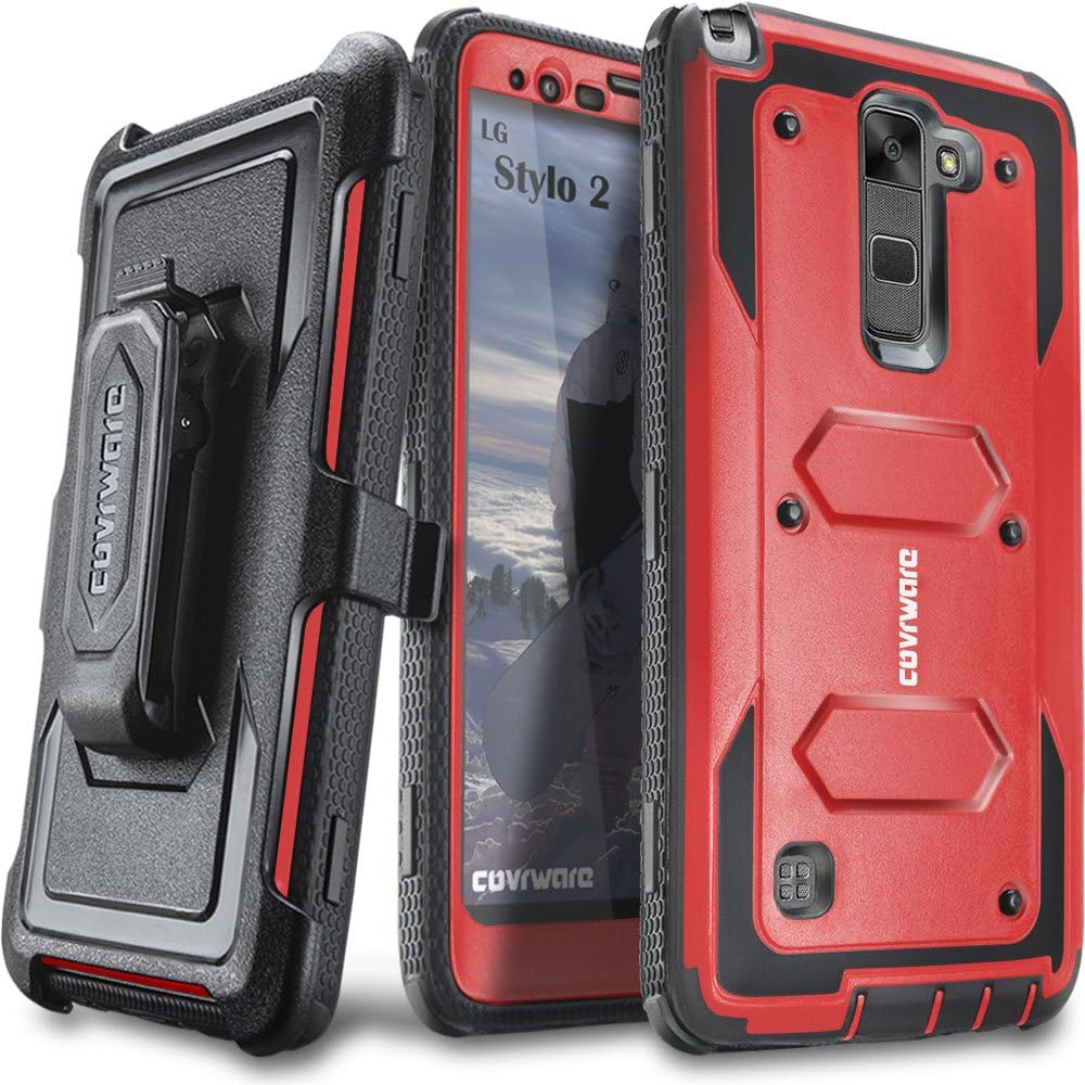 COVRWARE Aegis Series case for LG Stylo 2 (2016) / Stylo 2 Plus / Stylo 2 V with Built-in Screen Protector Heavy Duty Full-Body Rugged Holster Armor Cover Belt Swivel Clip Kickstand, Red