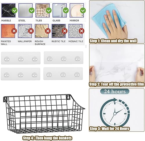 Miniatura 3 de Paquete de 2 cestas colgantes de pared para organizar cestas grandes de pared de alambre con 5 ganchos en forma de S + 2 ganchos adhesivos fuertes,