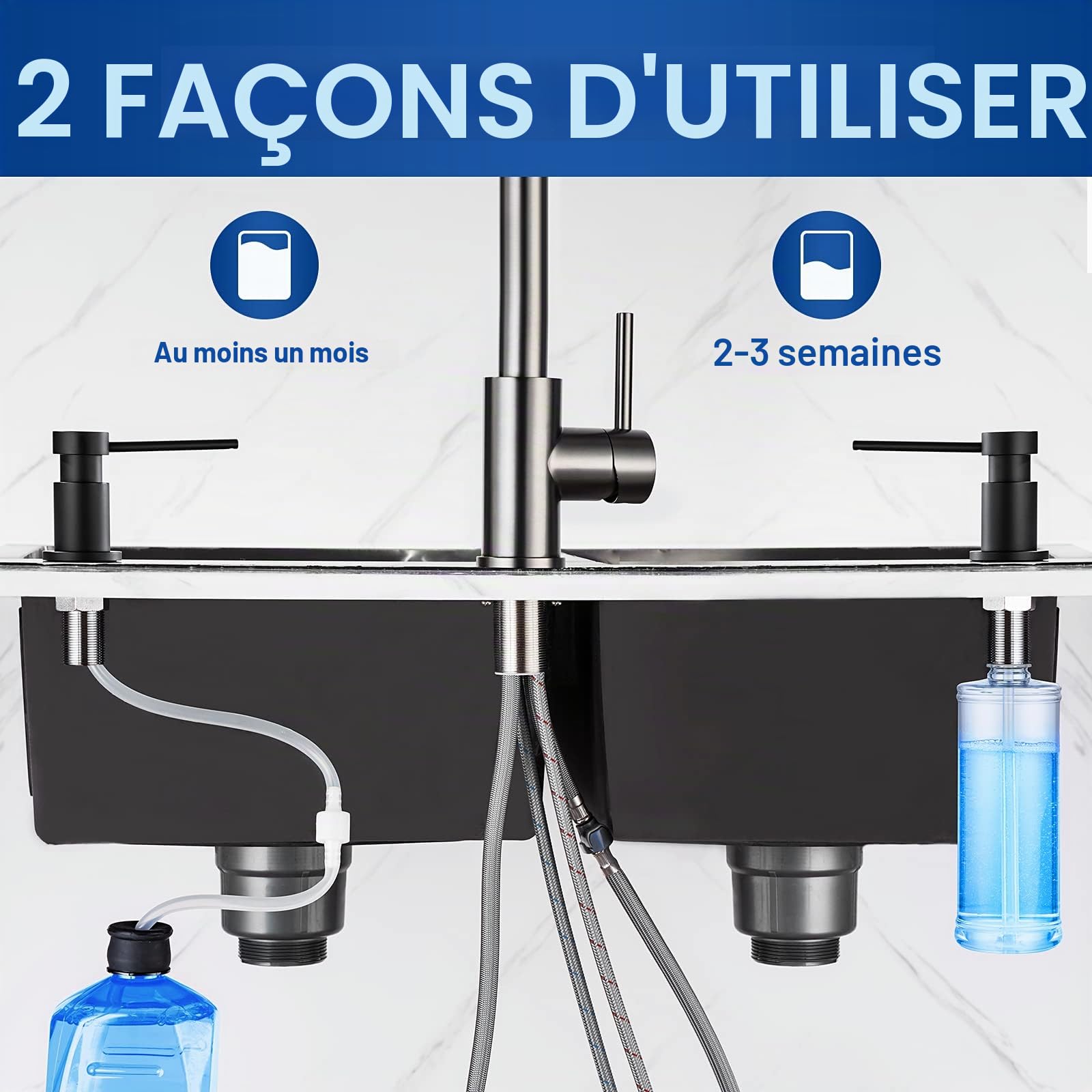 CECIPA Distributeur de Savon Cuisine Encastrable, Distributeur de Détergent pour Évier avec Bouteille de 300ML et Tuyau de Rallonge de 1,2 m, Distributeur Savon en Cuivre Remplissage du Haut, Noir