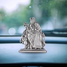 BUC Radhe Krishna with Cow in Frame Idol for Car Dashboard – Silver Finish Divine Couple Murti with Gau MATA for Car, Temple & Gifting (S926-SLVR)