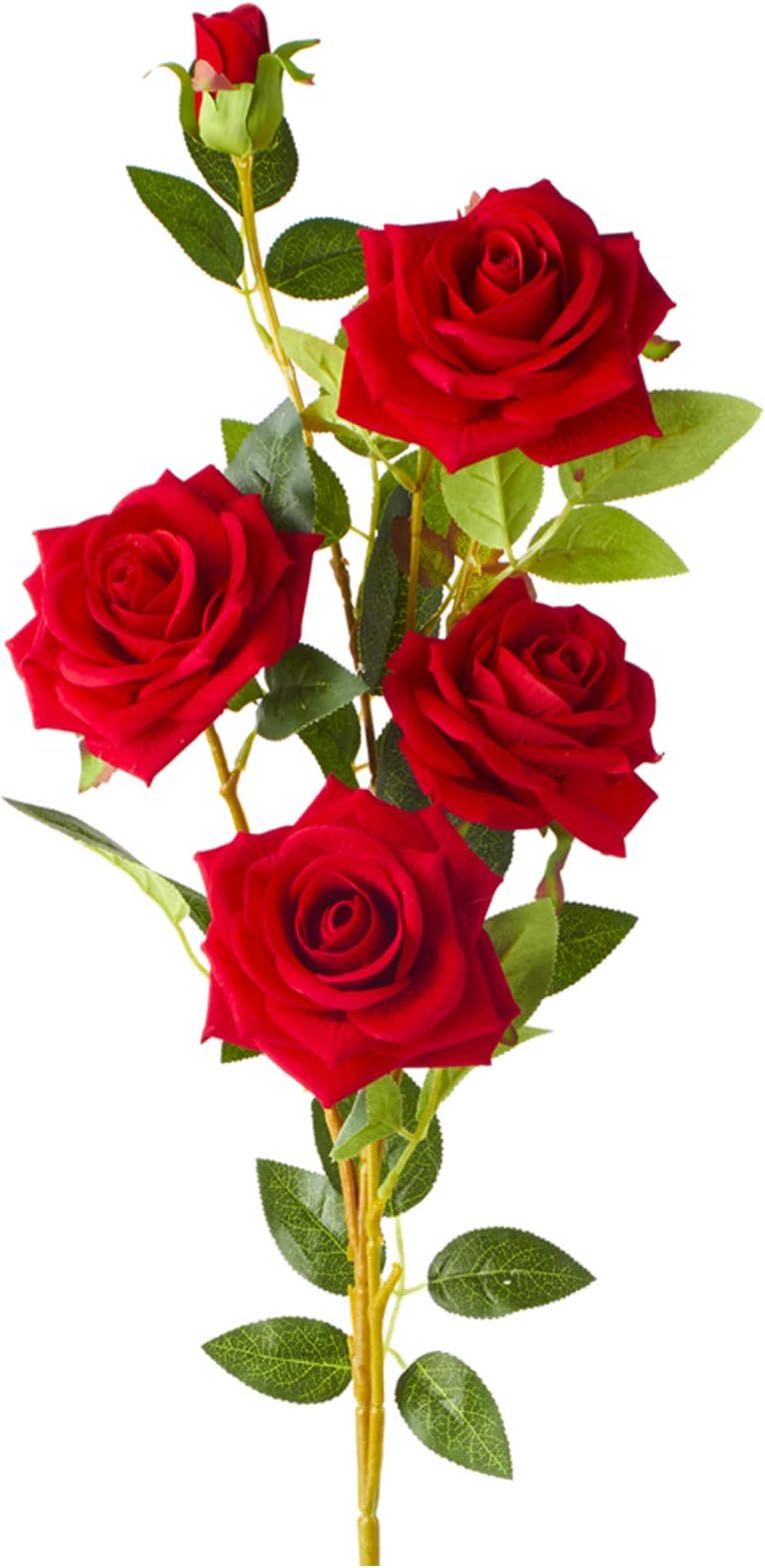 36" Artificial Rose Branch (4 Roses, 1 Bud) - Red, Real Touch Rose Branch, Realistic Faux Rose Flowers, for Home Garden, Office, Flowers Arrangement, Wedding Centerpiece, DIY