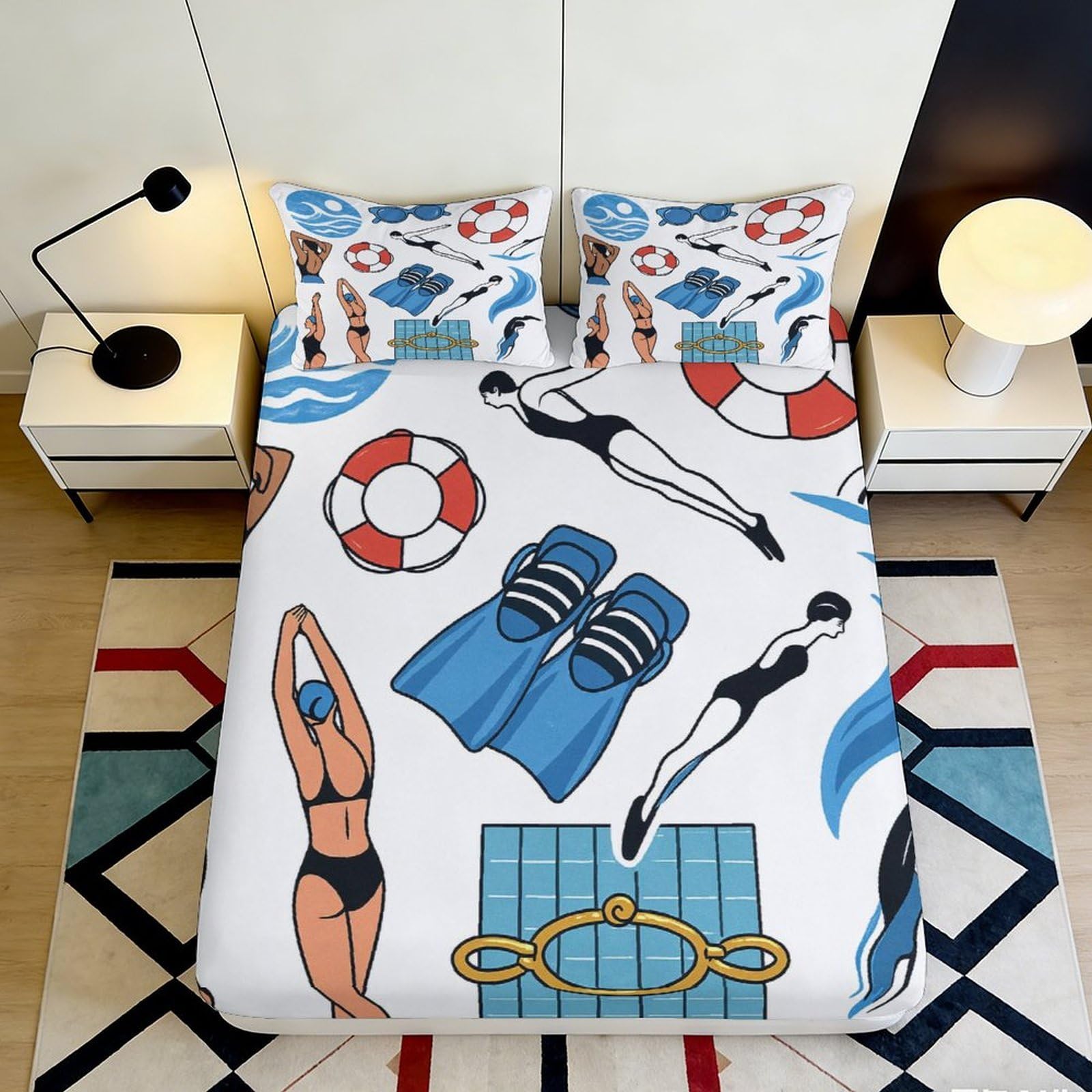 Zfldkwgb Style-7 3D Printed Swimming Pool Fitted Sheet Microfiber Slip-Resistant Swimmer Mattress Cover For Bedroom Dorm Decor 90X200x25cm