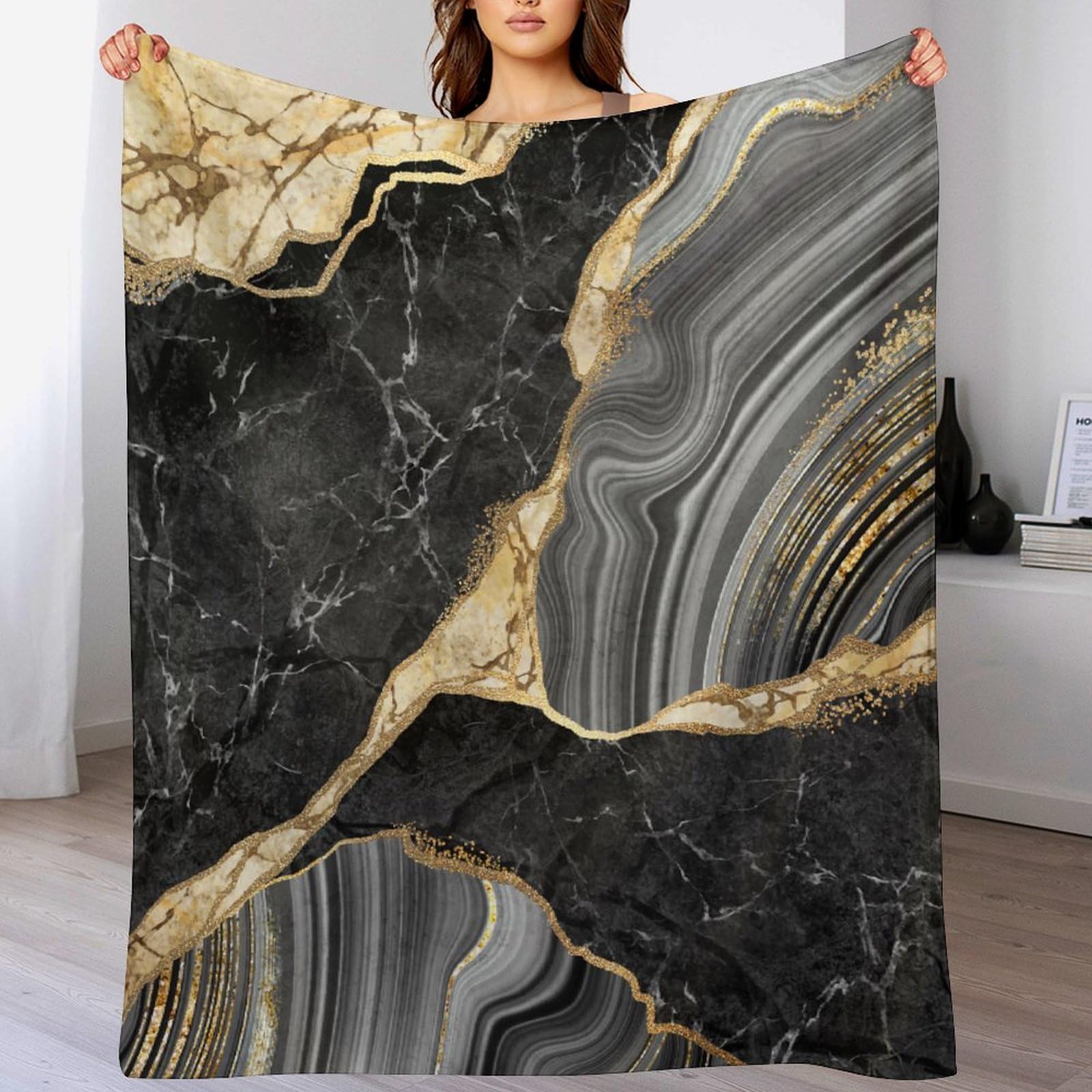 Black Gold Marble Throw Blanket Modern Abstract Art Pattern Soft Lightweight Warm Plush Blankets for Sofa Bedroom 30"x40"