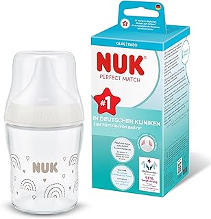 NUK Perfect Match Babyflasche | 0+ Monate | 120 ml | Anti-Kolik-Babyflasche | Babyflaschen Glas | Temperature Control Anzeige | Regenbogen | 1 Stück