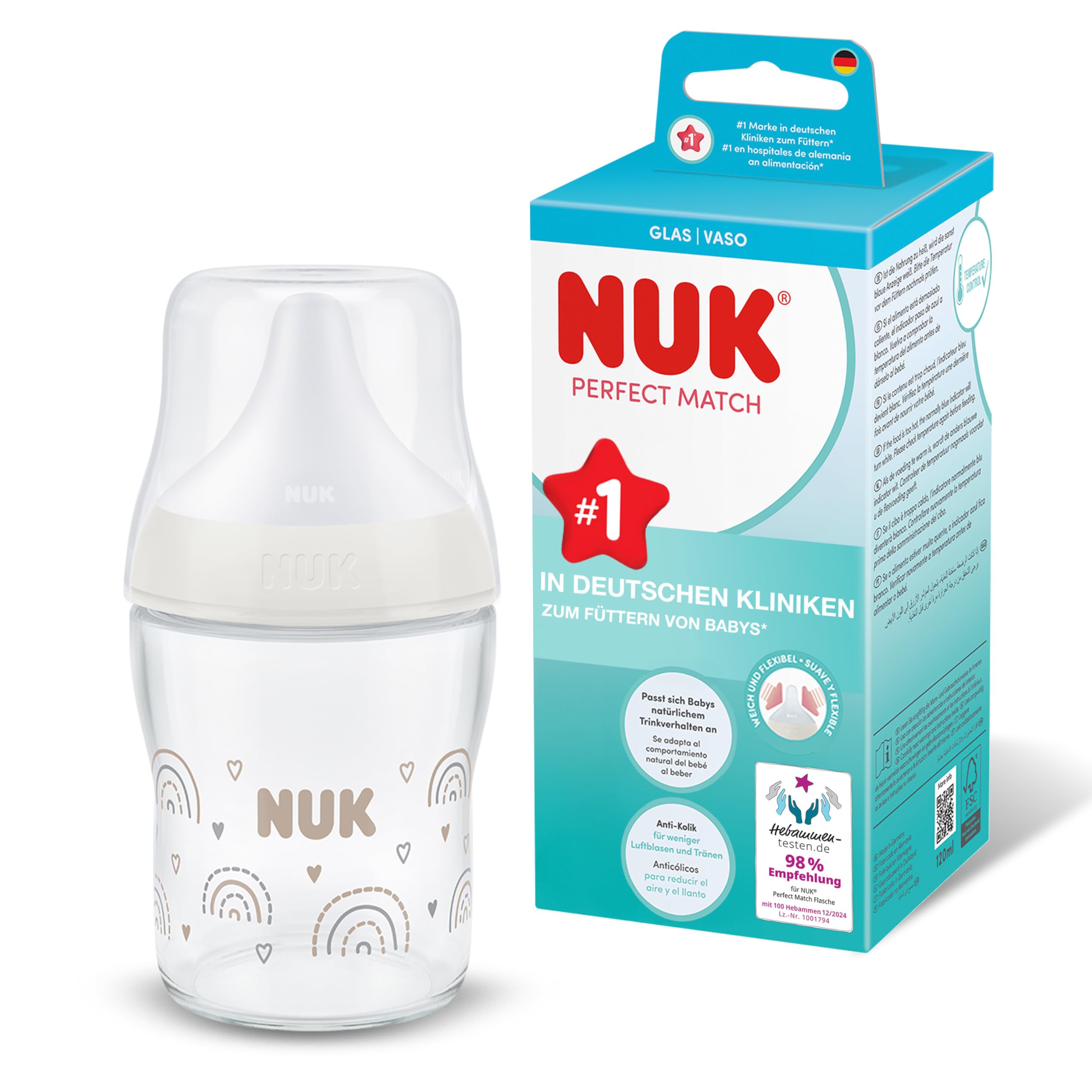 NUK Perfect Match Babyflasche | 0+ Monate | 120 ml | Anti-Kolik-Trinkflasche | Glas | Temperature Control Anzeige | Regenbogen | 1 Stück