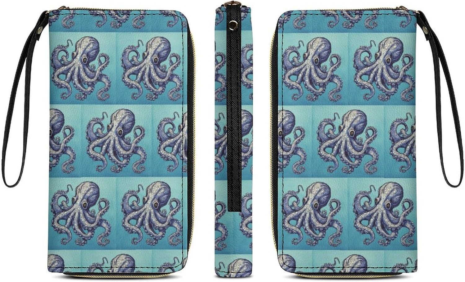 Womens Wallet Octopus Design Printed Wristlet Wallets for Women Large Capacity Credit Card Holder Ladies Phone Clutch Leather Zip Around Clutch Wallet