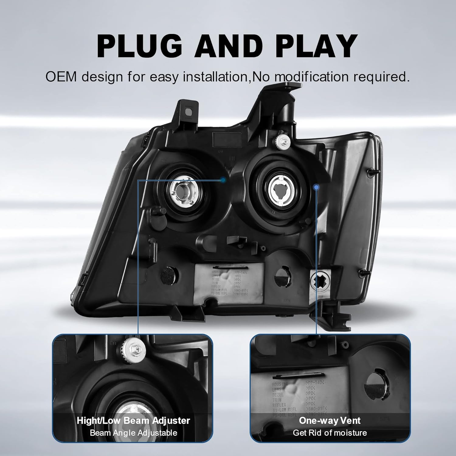 MOSTPLUS Headlight Assembly Compatible with 07-14 Chevy Tahoe / 07-13 Avalanche / 07-14 Suburban 1500/07-13 Suburban 2500 Front Lamp with Black Housing/Clear Lens/Clear Reflector