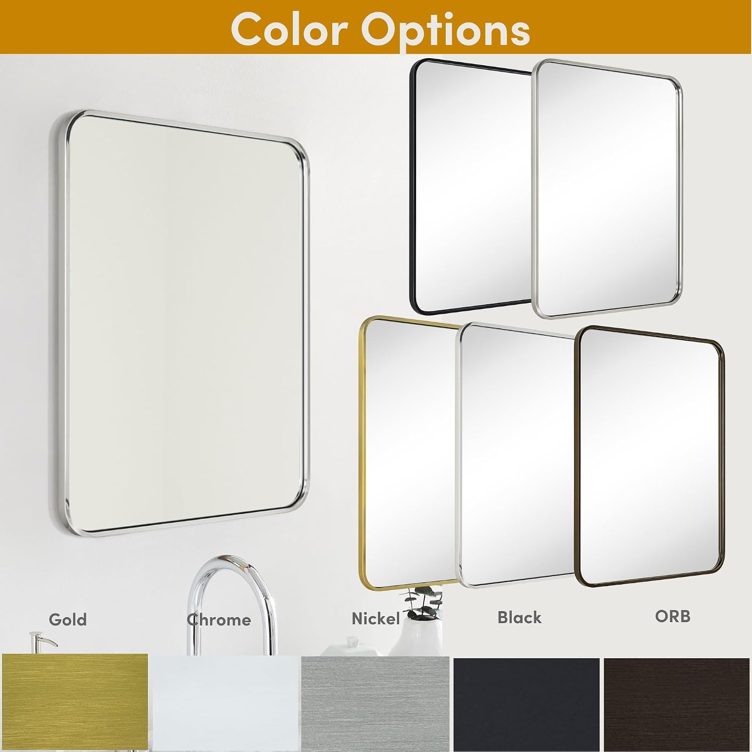 GRACTO 24x36'' Polished Nickel Mirrors for Bathroom, Bathroom Vanity Mirror, Rounded Rectangle Mirror, Stainless Steel Anti-Rust Tube Metal Frame Wall Mounted Mirror, Vertically/Horizonta