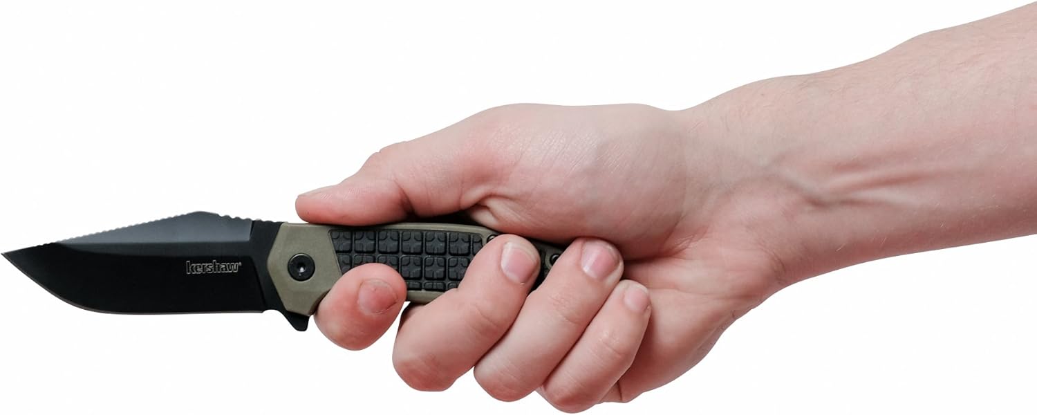 Kershaw Faultine Pocketknife (8760); 3-Inch 8Cr13MoV Blade with KVT Manual Open, Black Oxide Coating and Rubber Overmold, Olive Handle, Pocketclip : Tools & Home Improvement