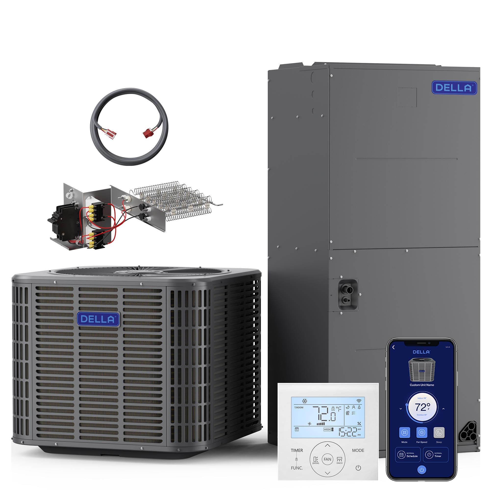 DELLA 53,000 BTU Ducted Central AC with Air Handler, Up to 2,500 Sq.Ft, Heat Pump Inverter System, 17 SEER2 230V, Wired Controller, Two-Stage