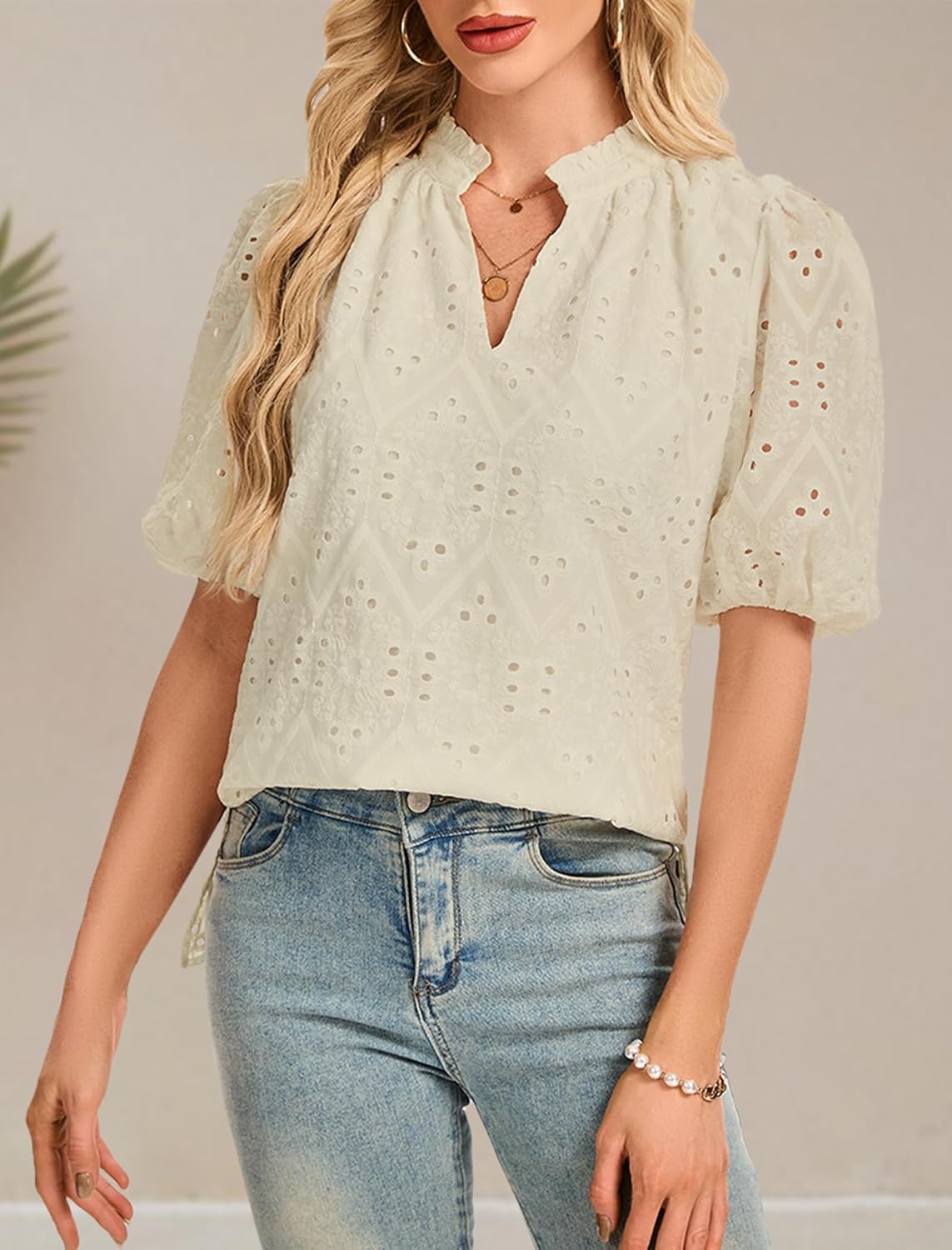 Women's V Neck Blouses Dressy Casual Puff Short Sleeve Shirts Hollow Summer Tops Business Women S-XXL - Image 2