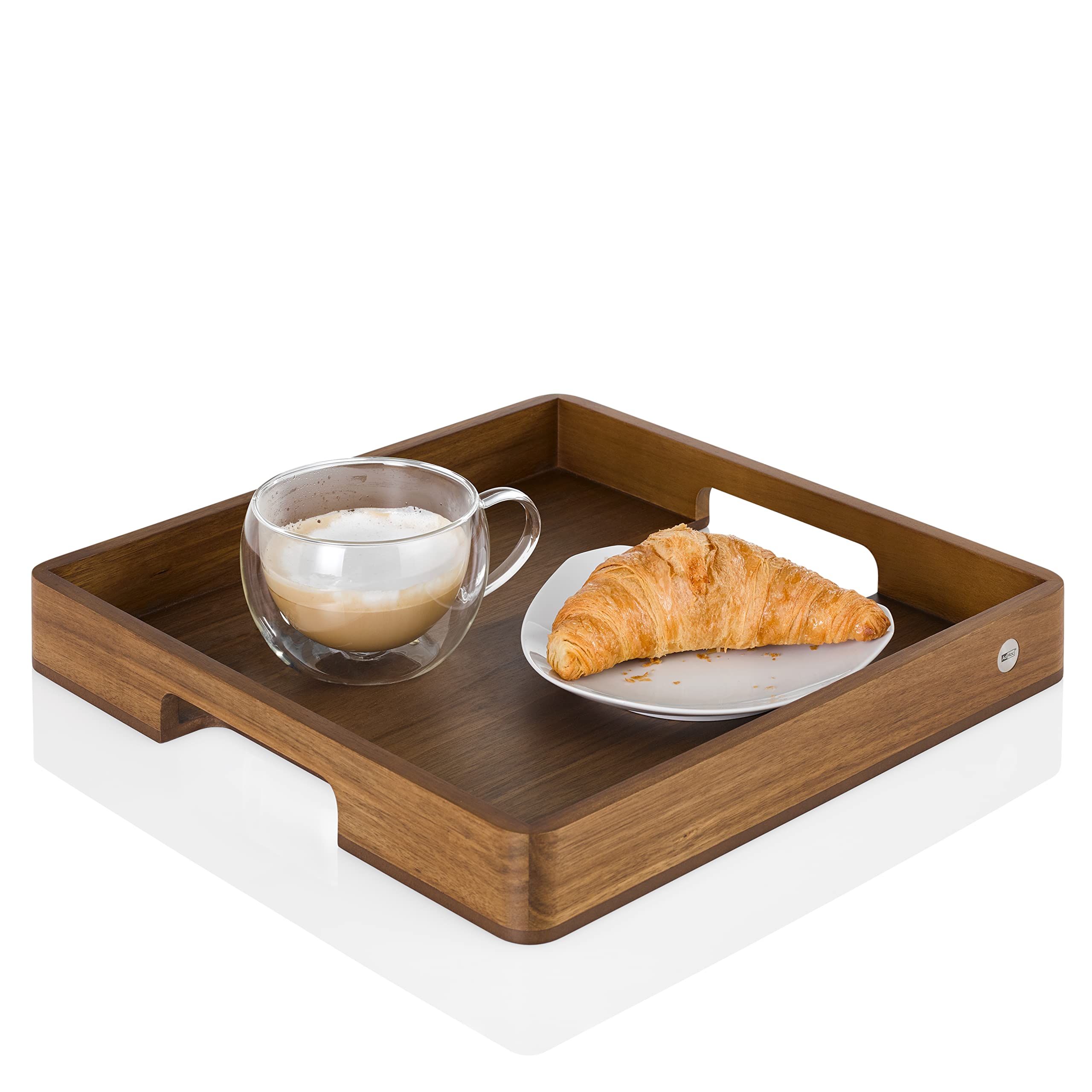 AdHoc ST22 - Bandeja para servir platos, bebidas, aperitivos con mango SERVE SQUARE rectangular, madera de acacia/nogal