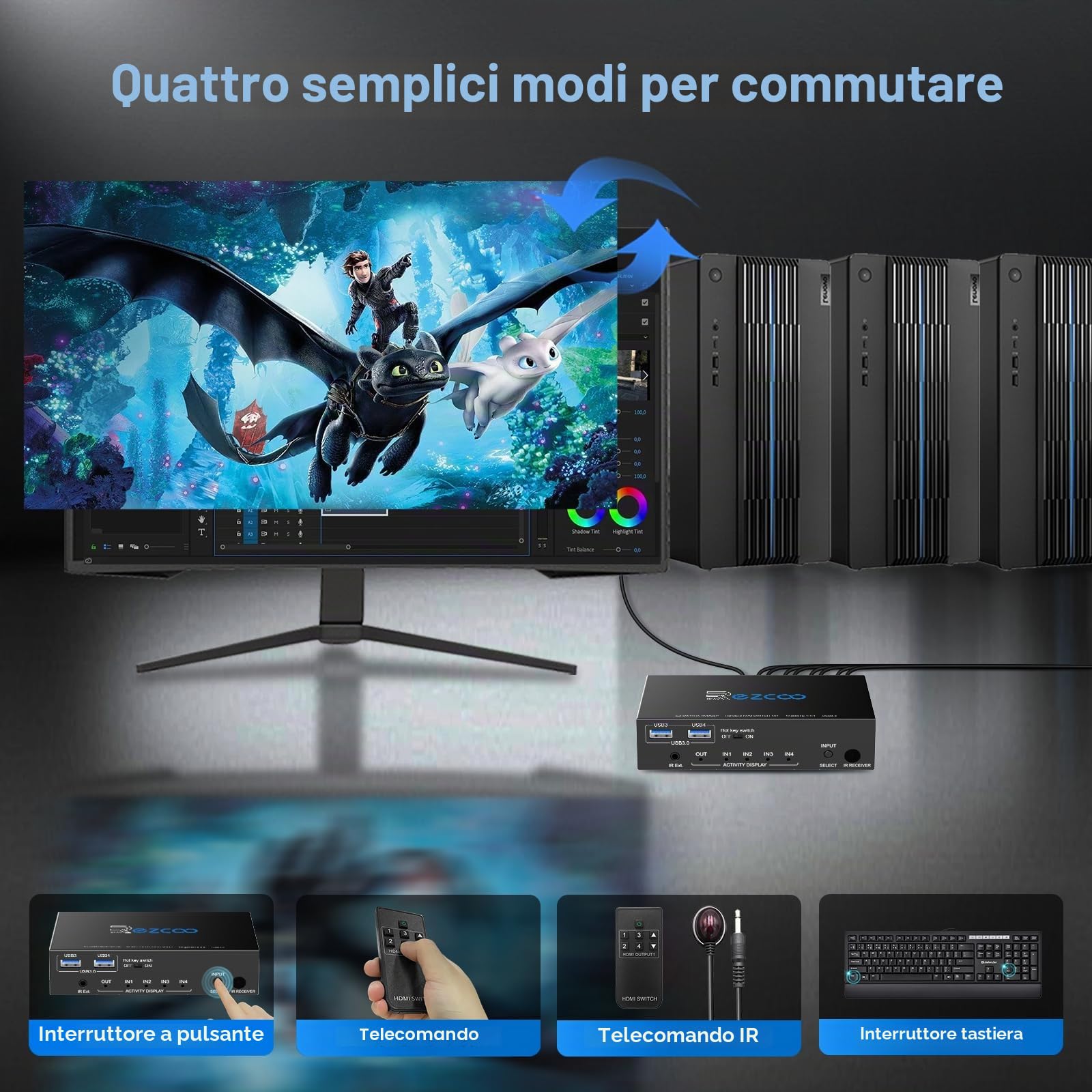 HDMI KVM Switch USB 3.0 4 Porte con Hotkey 4K 60Hz 18Gbps Condivisione di 4 Computer con una Tastiera Mouse HDR D-olby Vision HDCP2.2 Telecomando Cavo USB3.0 X4