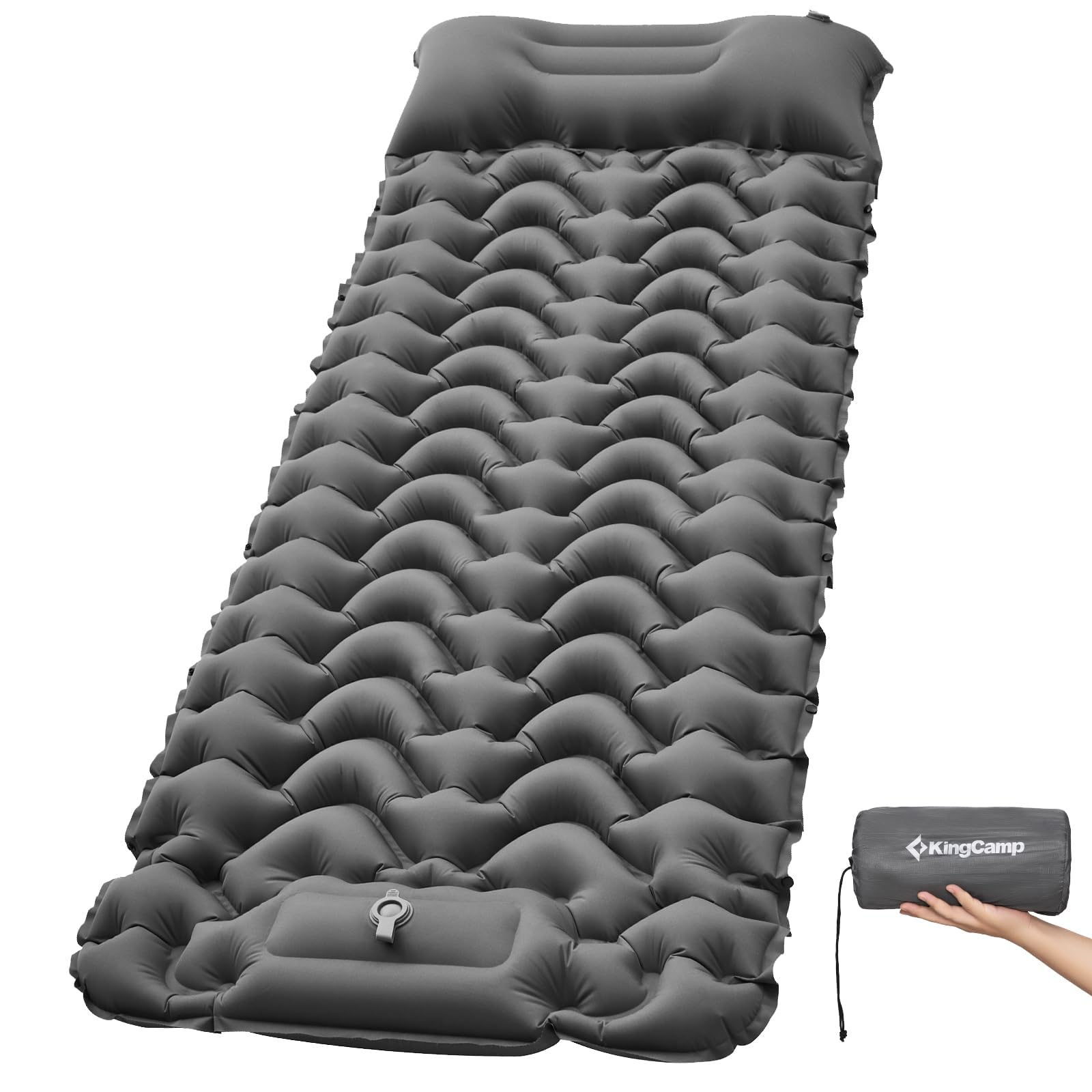 KingCamp Camping Isomatte aufblasbar mit Fußpumpe, Luftmatratze 1 Personen mit integrierten Kopfkissen Outdoor Ultraleichte Camping Matratze kleines Packmass, für Strand, Wandern, Trekking,Zelt