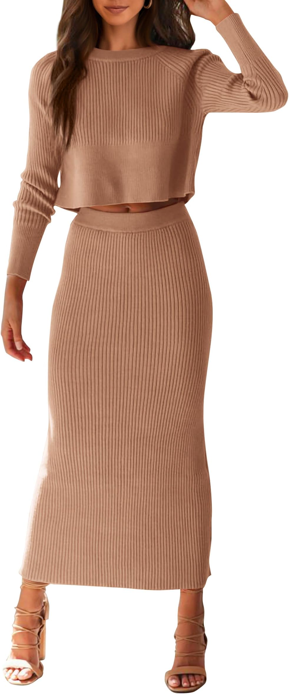 Women's Spring Fall 2 Piece Sweater Set Rib Knit Long Sleeve Crop Top Maxi Bodycon Skirt Casual Winter Outfits