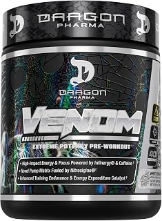 DRAGON PHARMA Venom Extreme Potency Pre-Workout, Laser Sharp Focus + Energy, Intense Performance, Proven Ingredients for Enhanced Vasodilation & Endurance (40 Servings, White Dragon)