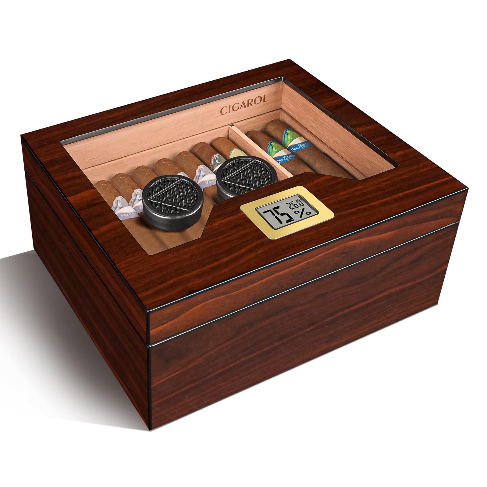 Volenx Cigar Humidor Brown 50-55 for Cuban Cigars Desktop Cedar Wood Lined Humidor Cigar Box with Electronic Hygrometer and 2 PCS Humidifier (High-Gloss Walnut)