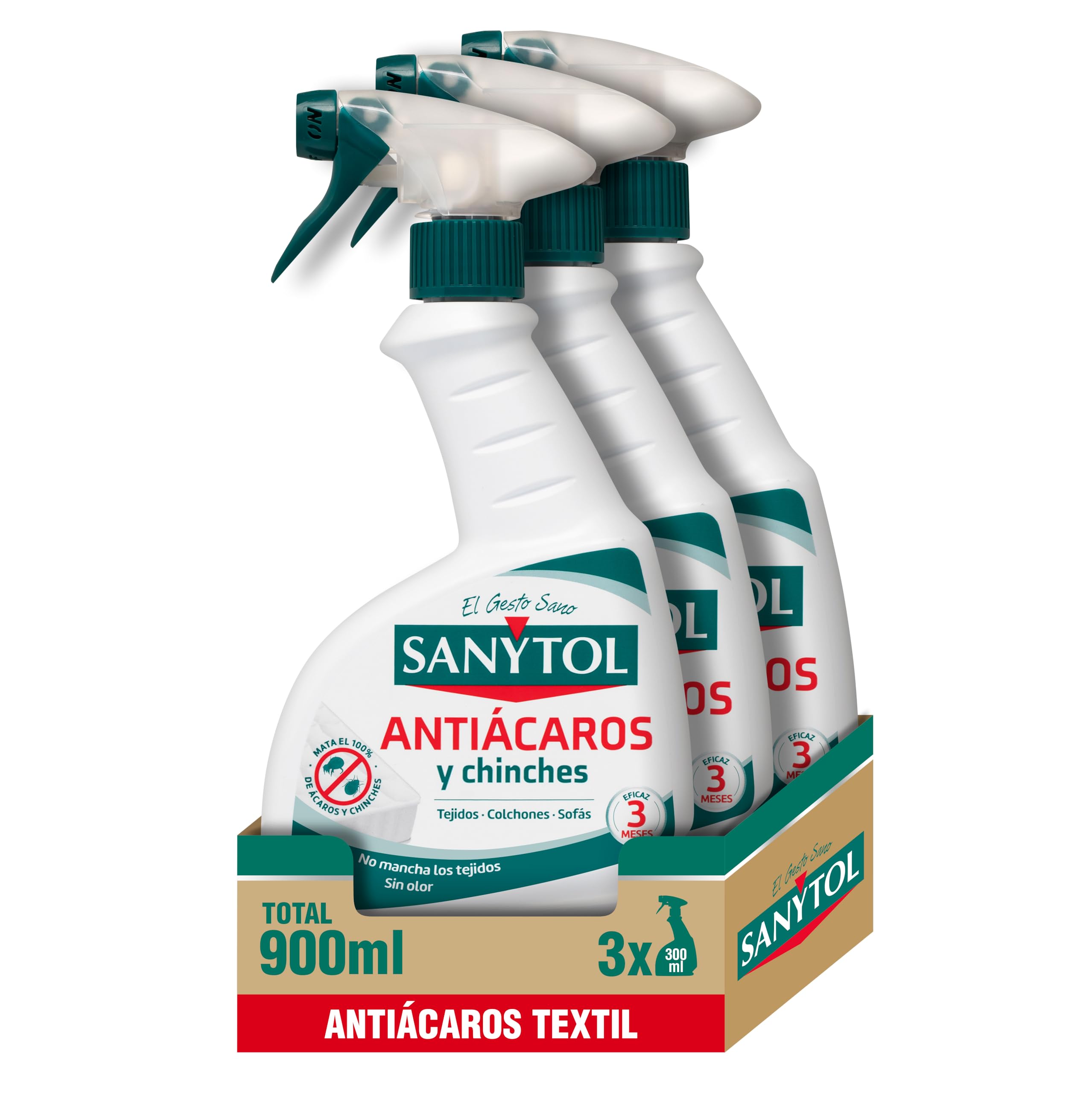 Sanytol - Antiácaros Spray 300 ml, Mata Ácaros y Chinches en Tejidos no Lavables, Ideal para Colchón, Sofás, Alfombras y Otros Textiles no Lavables - Pack de 3 x 300 ml = 900 ml
