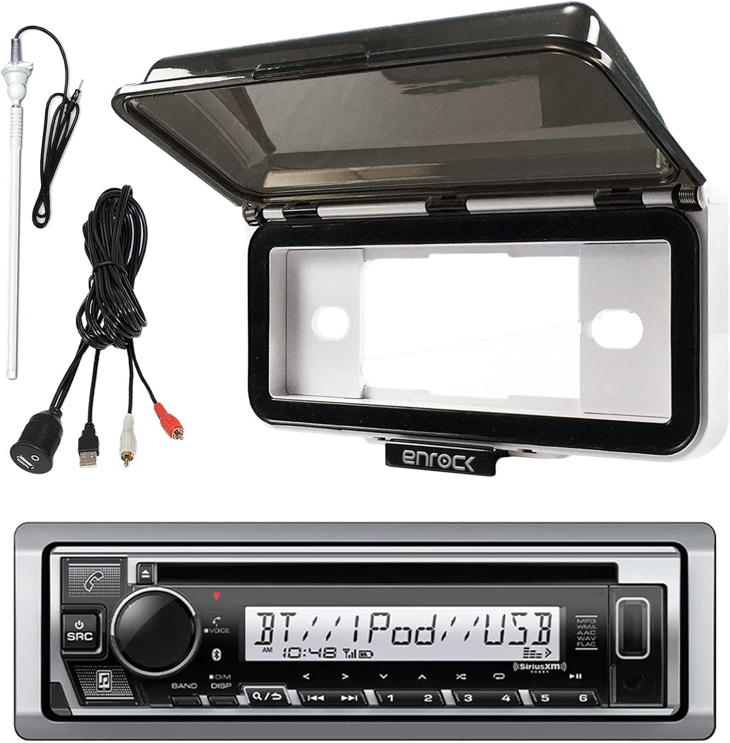 Single DIN Marine Boat Audio Bluetooth CD Player Receiver Bundle Combo with White Waterproof Protective Cover Bundle Combo with Enrock USB/AUX to RCA Interface Mount Cable + 45" Radio Antenna