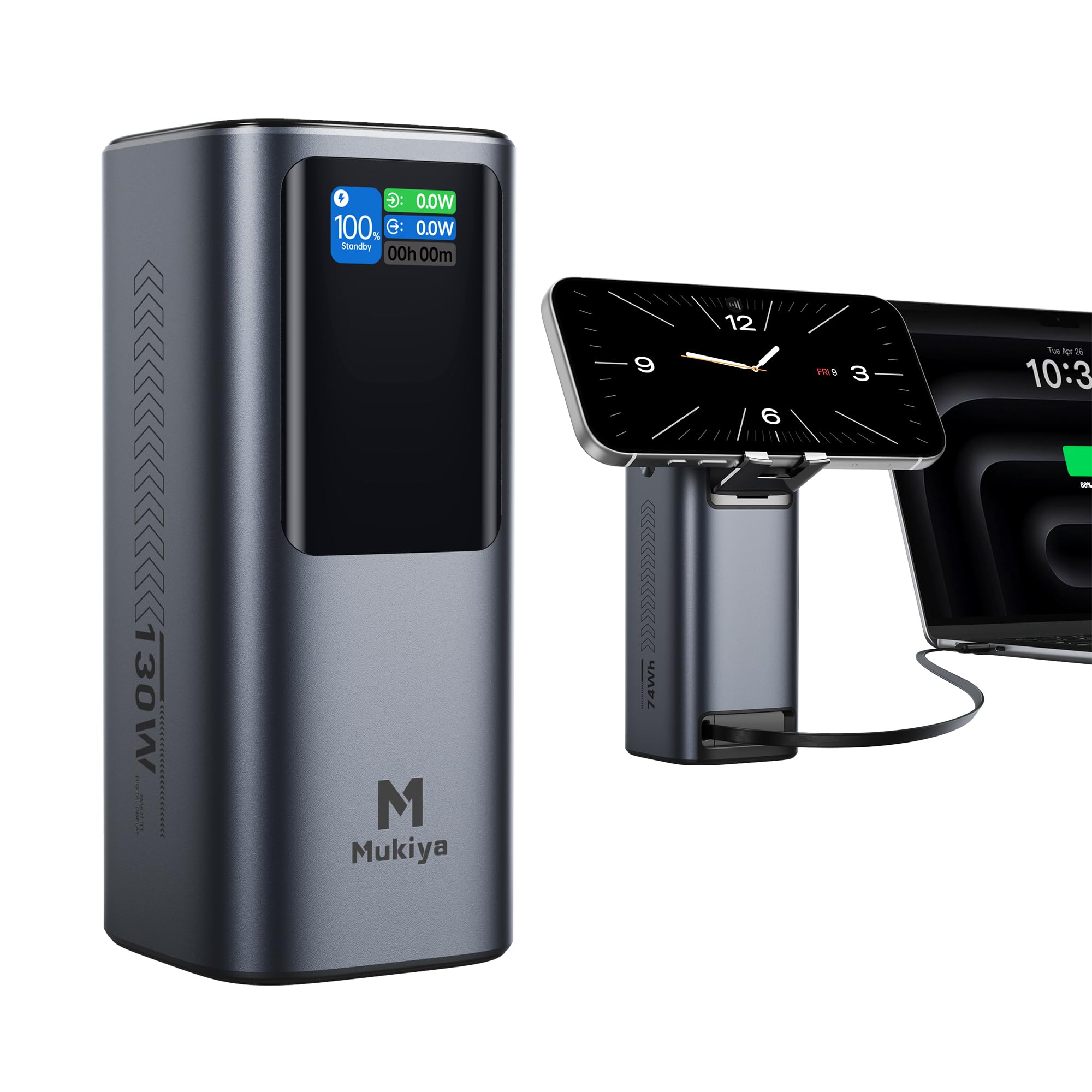 Mukiya 130W 20000mAh Power Bank with Retractable Cable & Stand | Mukiya power...