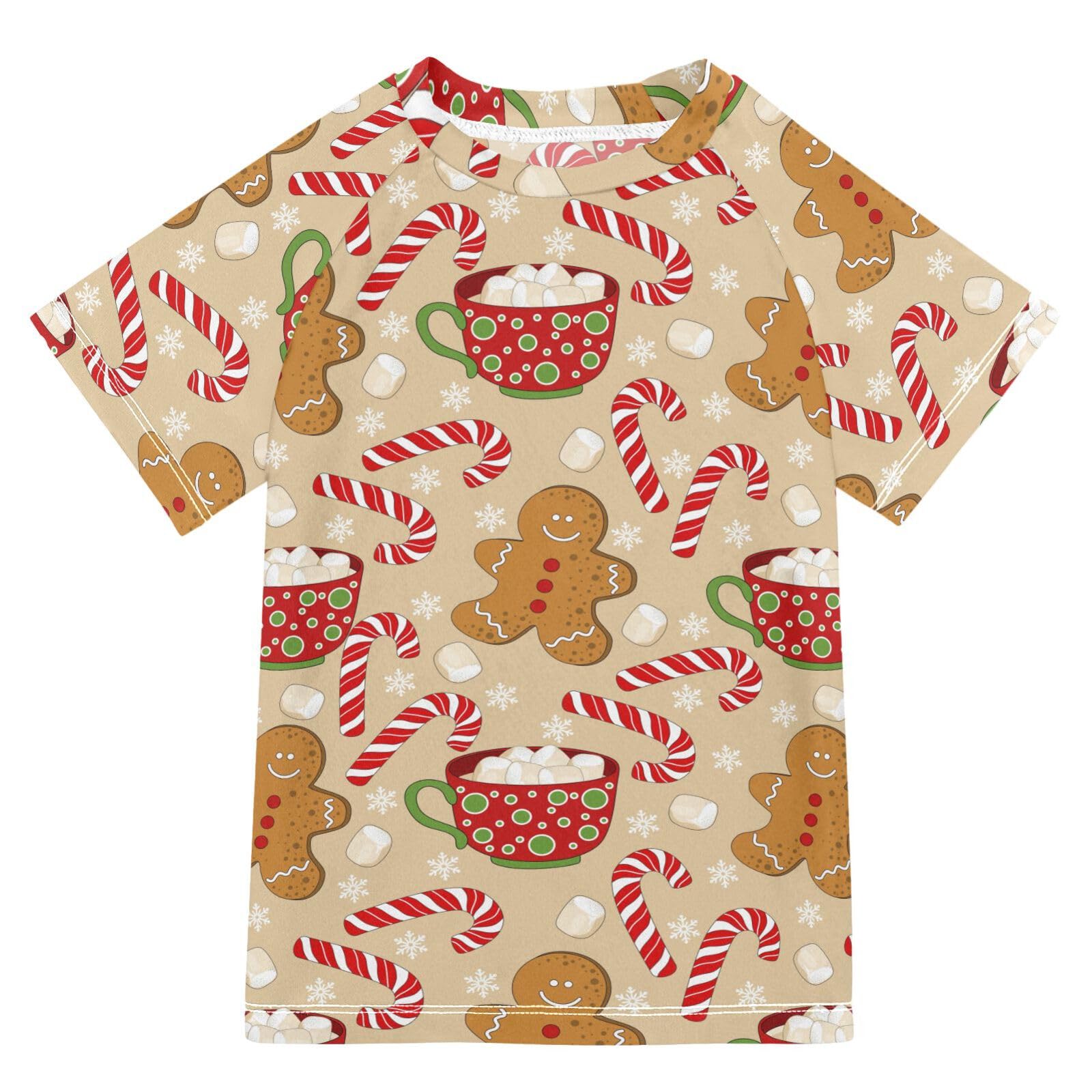 Aflyko Christmas Boys' Swim Shirt Gingerbread Snowflake Candy Rash Guard Beachwear Sun Protection Fishing Hiking Camping Surfing Swimming Toddler Infant Summer Daily T-Shirt, 4T Multicoloured