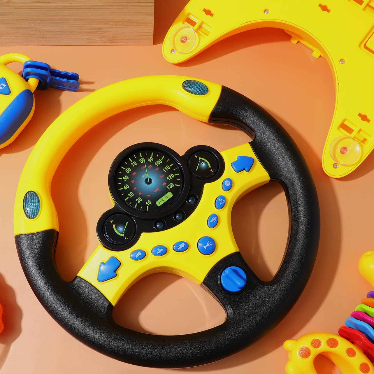 Simulatore di Guida per Bambini con Sterzo in Plastica Giallo, Giocattolo Educativo Interattivo con Luci e Musica per Attività in Famiglia e Gioco di Finzione