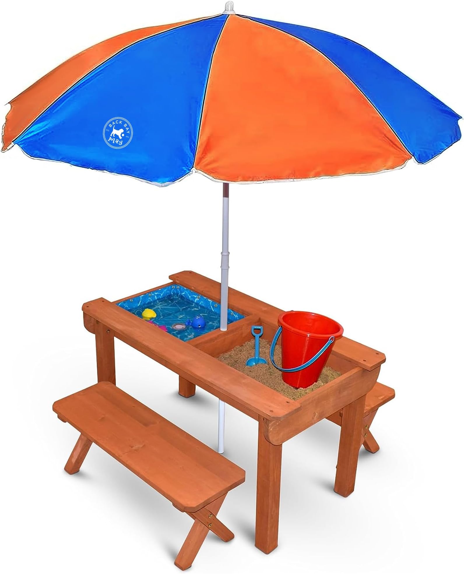 Back Bay Play Kids Sand and Water Table Premium Wooden Indoor Outdoor Convertible Picnic Table - Activity Sensory Toy Playset Promotes Learning – Removable Lids for Sandbox & Splash Pool (Natural