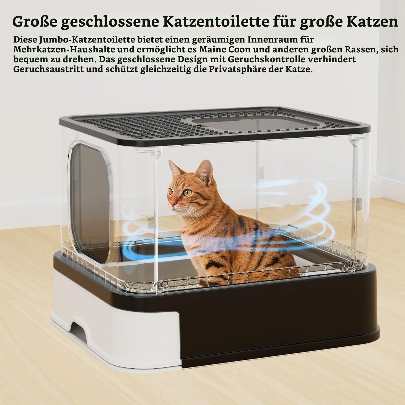 Sfozstra Geschlossenes Katzenklo aus Edelstahl: auslaufsicher, geruchsneutral & geruchsfrei für mehrere Katzen in Extra großer Größe - Perfekt für Badezimmer Wohnung oder Balkon in Schwarz