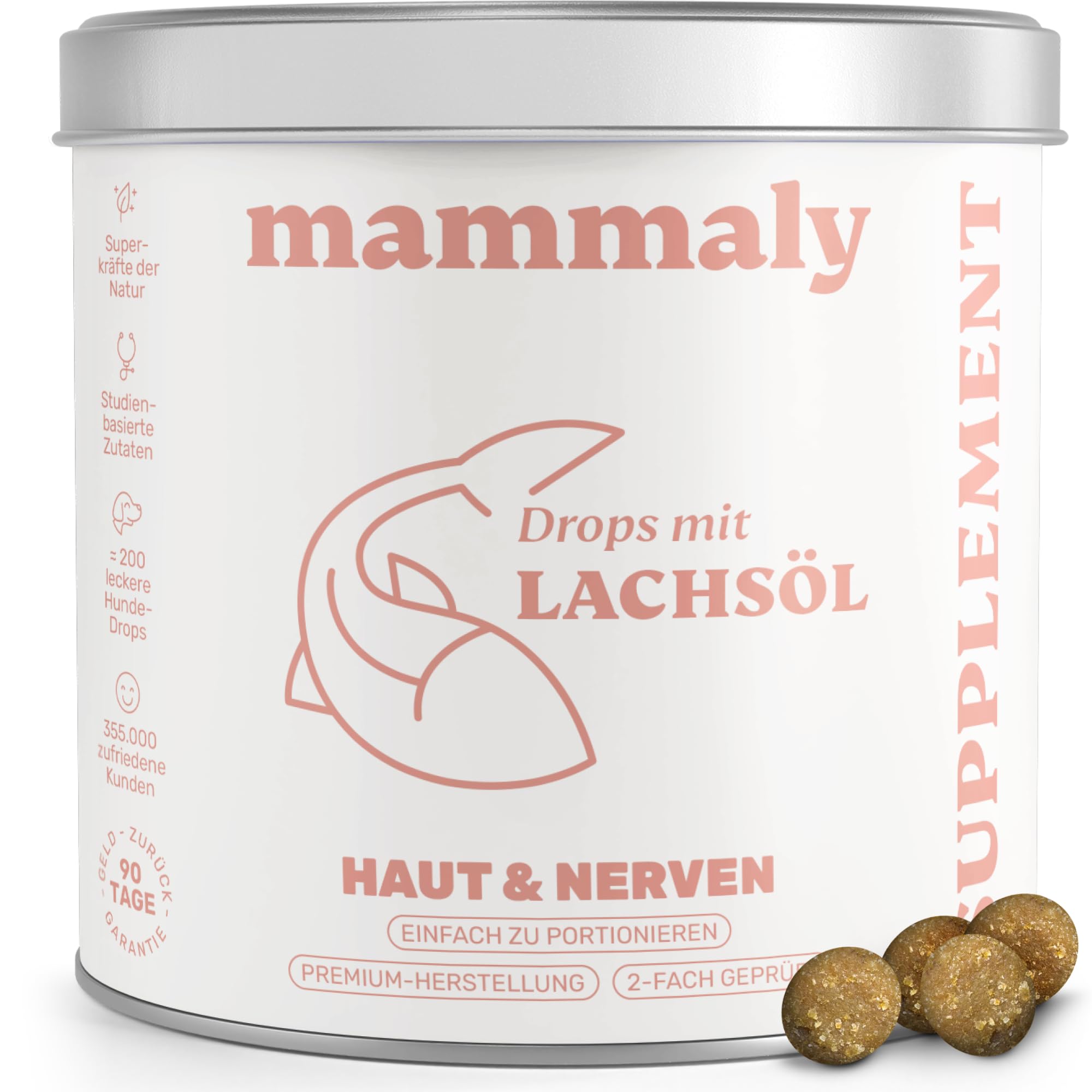 Lachsöl Drops für Hunde - 200 Leckerli (340g) von mammaly - Mit Lachs, Vitamin D & Omega 3 für Haut und Fell/Skin & Coat, Fellpflege & Hautpflege - Kann bei Haarausfall unterstützen für deinen Hund
