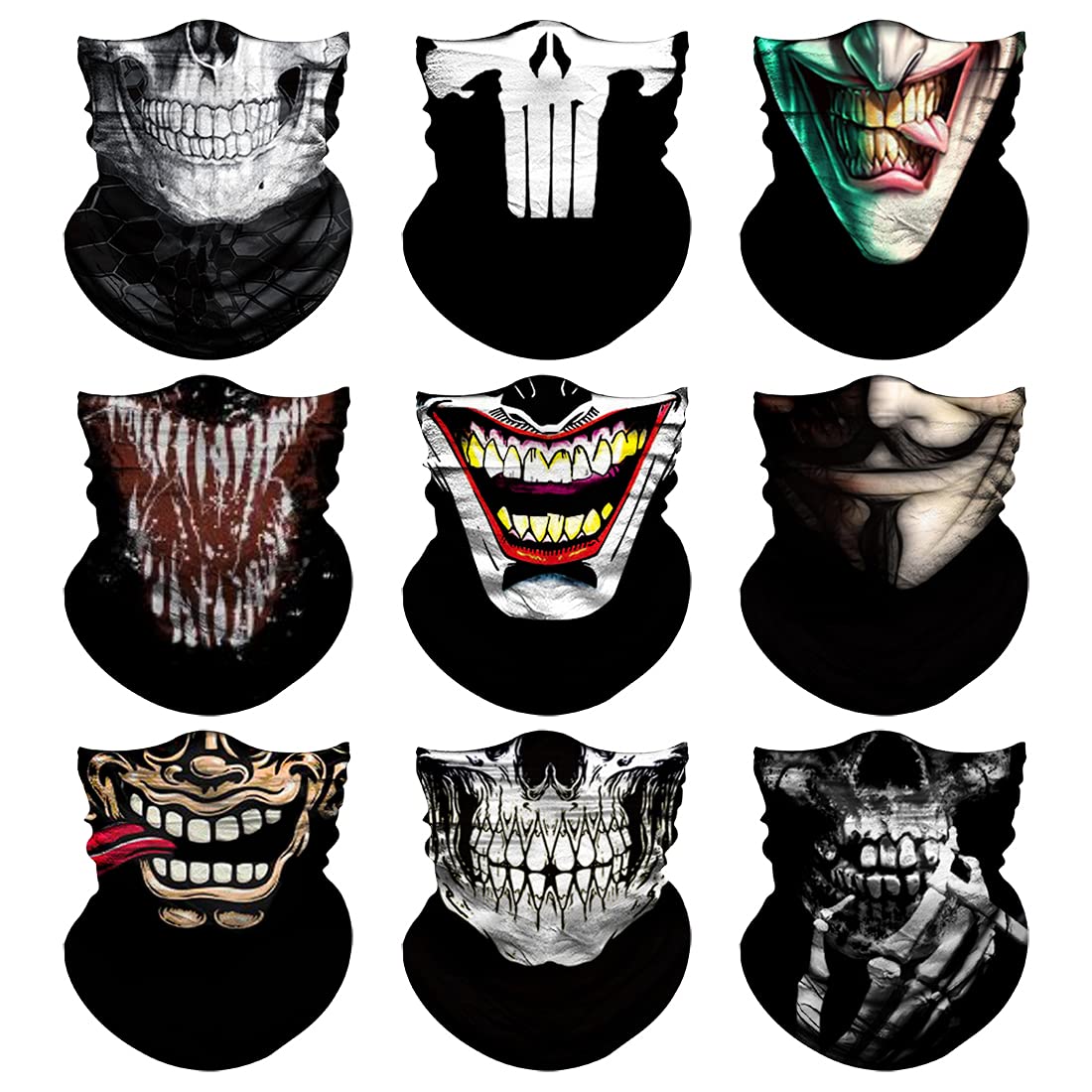 Venswell 6PCS Neck Gaiter, Seamless Bandana Face Mask, Magic Face Scarf, Balaclava, Headband, Headwear, Head Wrap for Men Women-Motorcycle Cycling Running Hiking Sports (B-Joker+Skull)