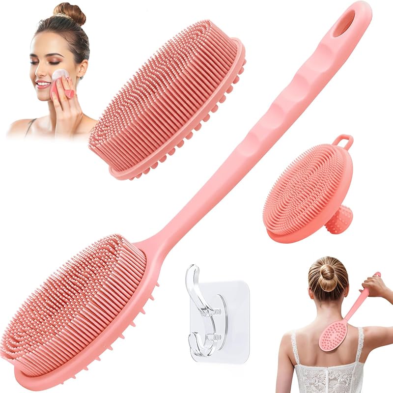 Conjunto de escovas de silicone GEENOA para rosto e costas com 2 cabeças removíveis, 3 peças rosa